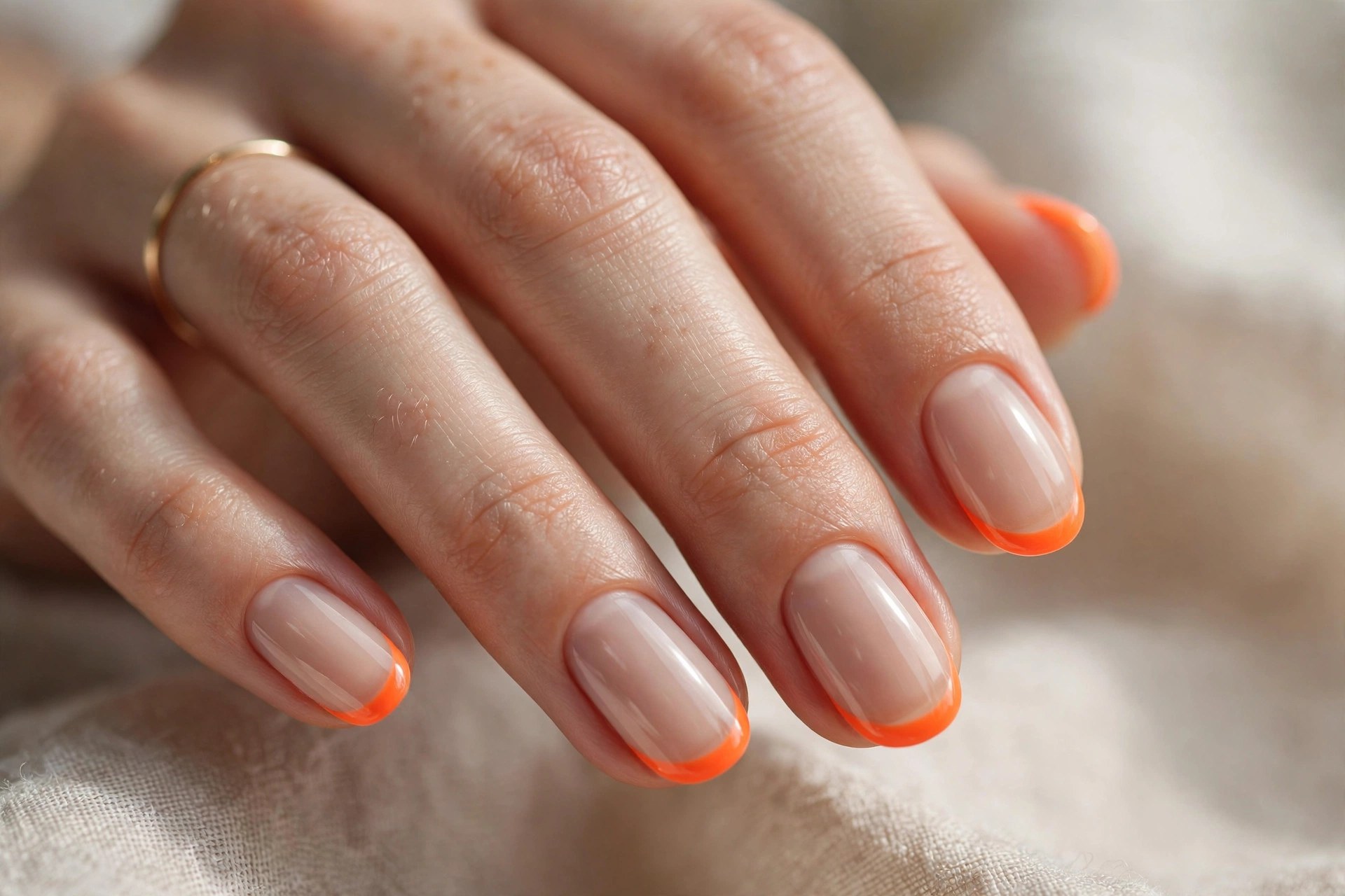 Elegant woman's hand with nude nails and neon orange french tips