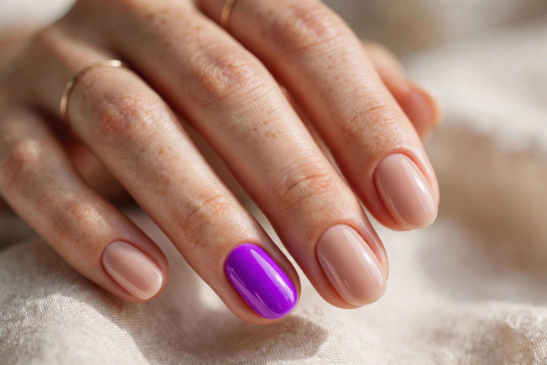 Elegant woman's hand with nude nails and violet neon accent nail
