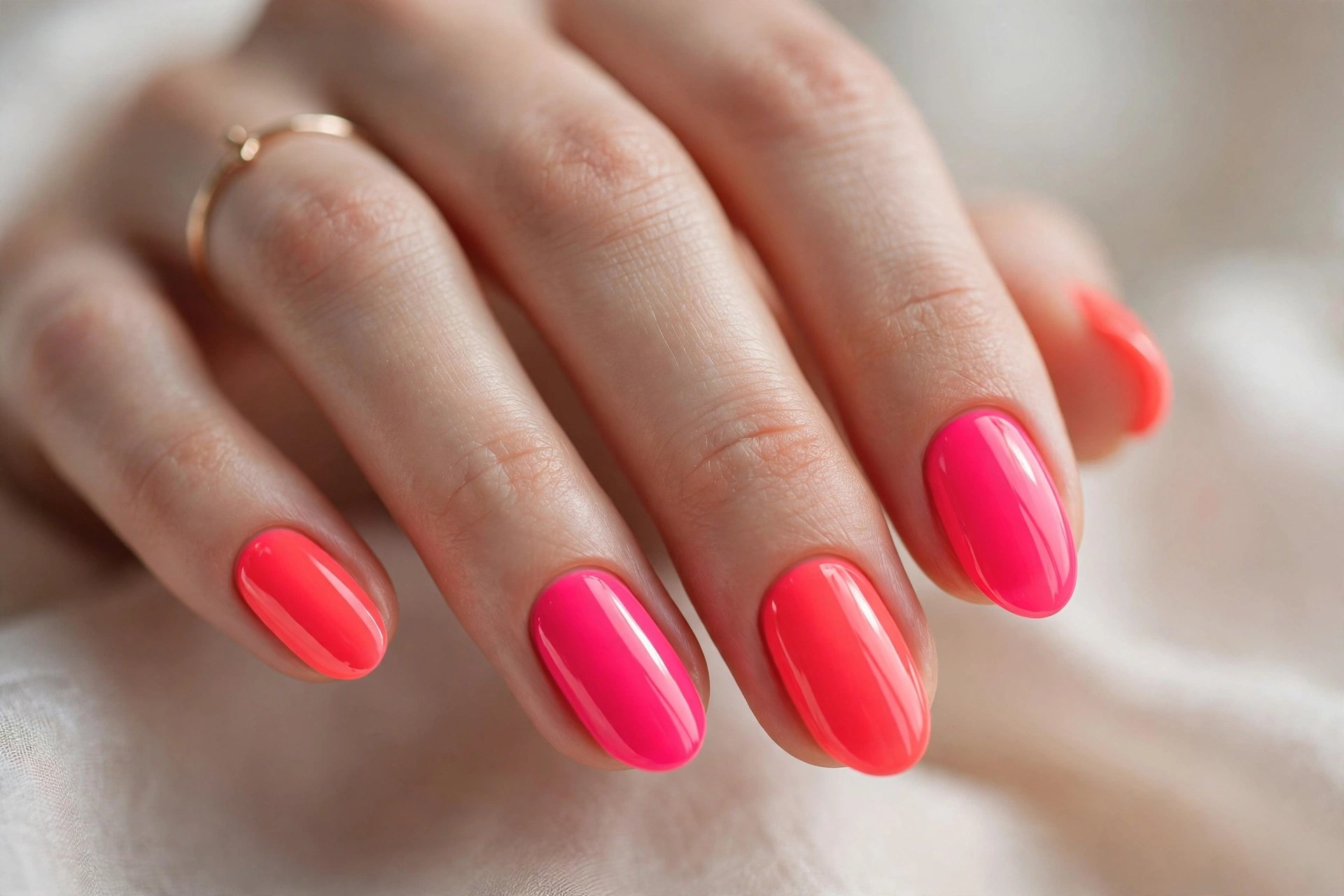 Elegant woman's hand with neon coral and pink duo manicured nails