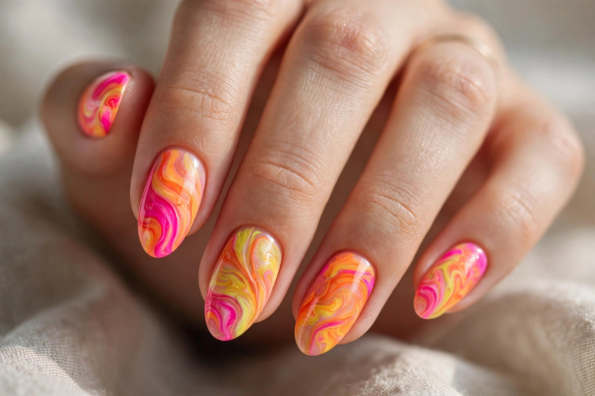 Elegant woman's hand with neon pink orange yellow marble swirl nails