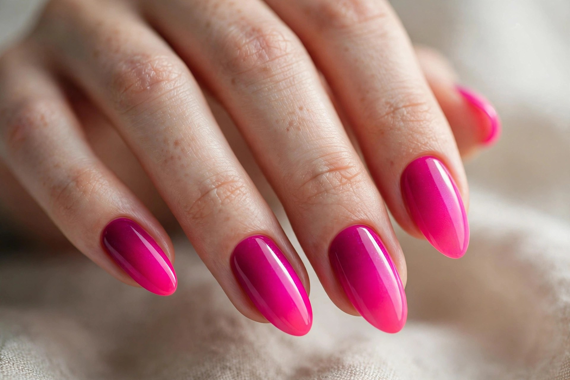 Elegant woman's hand with neon fuchsia ombre manicured nails