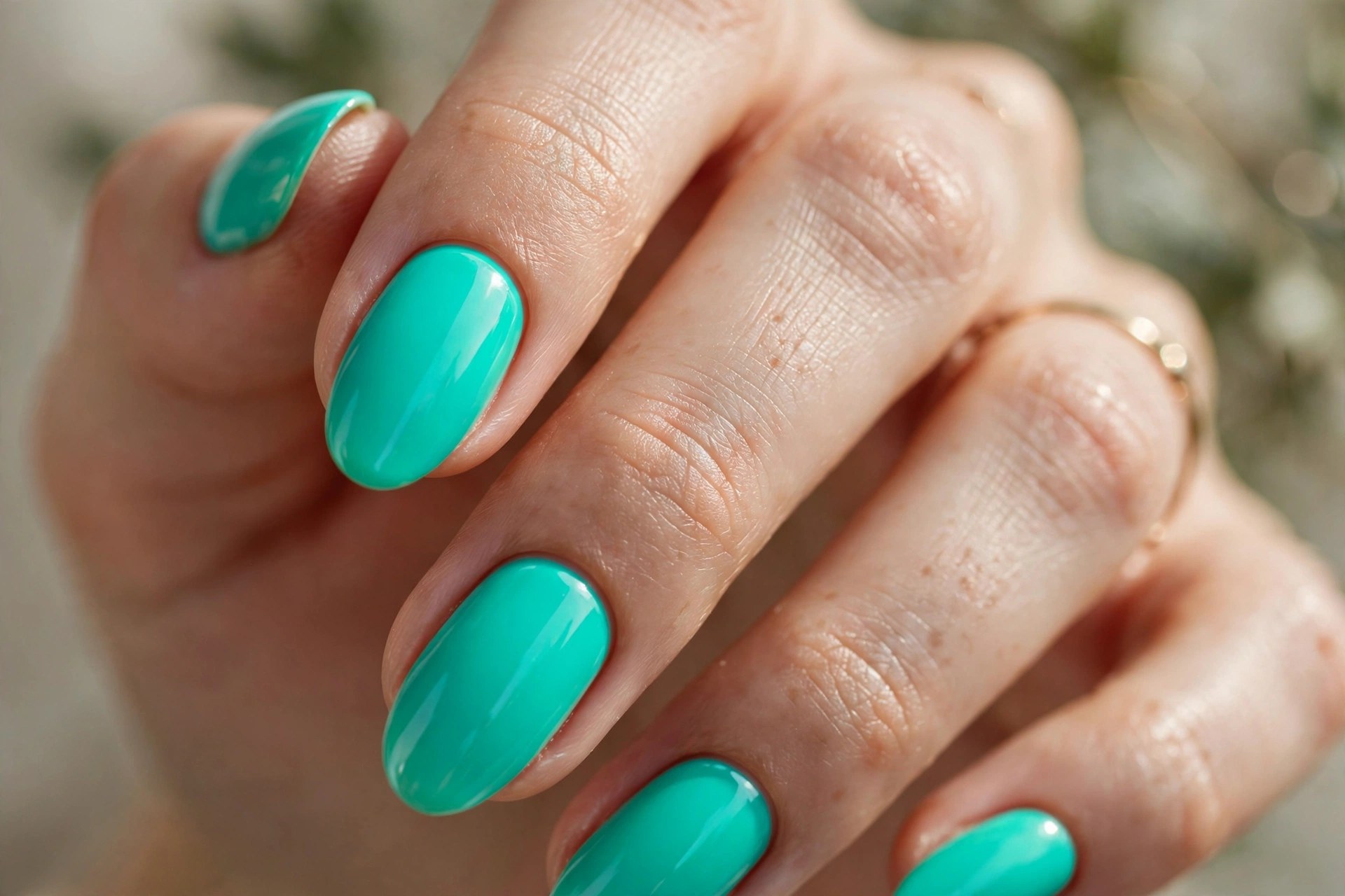 Elegant woman's hand with vivid neon electric teal manicured nails