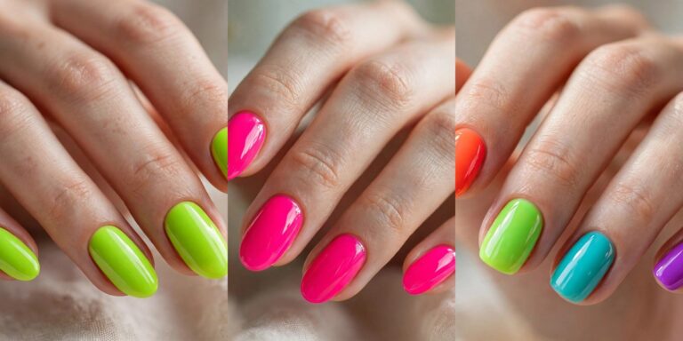 Neon nail colors collage: lime, hot pink and rainbow neon manicures