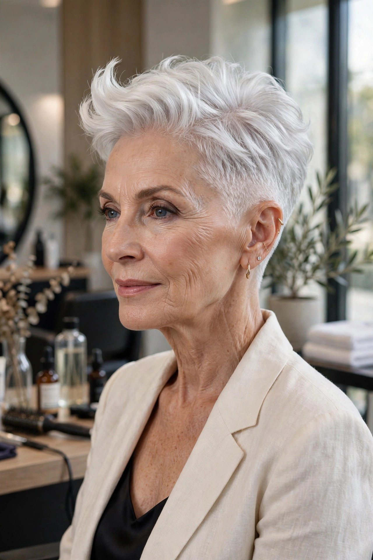 Woman in her 60s with a silver quiff fade pixie