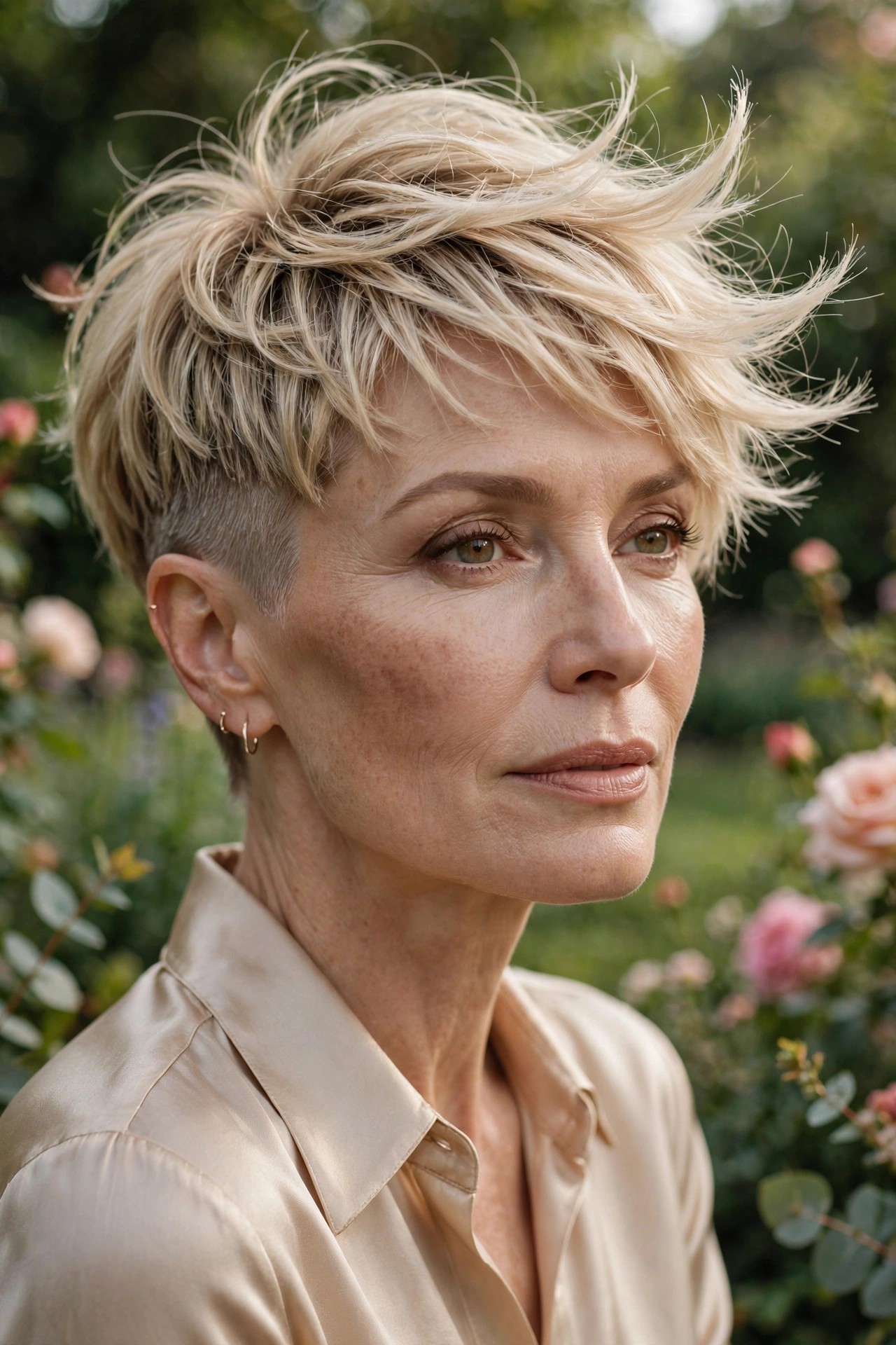 Woman in her 50s with a feathered top fade pixie