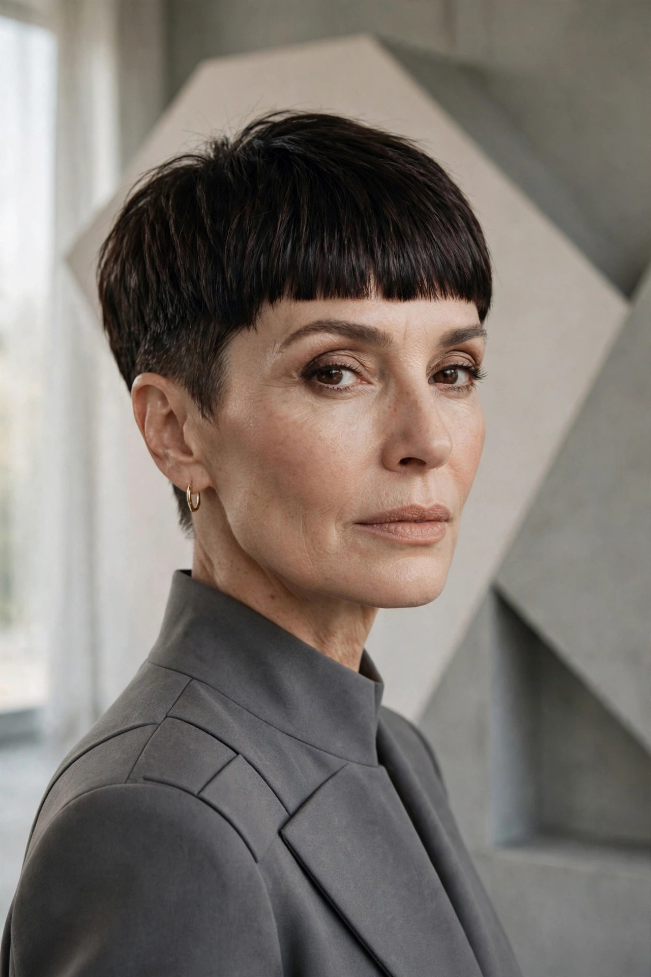 Woman in her 50s with a graphic blunt fringe pixie