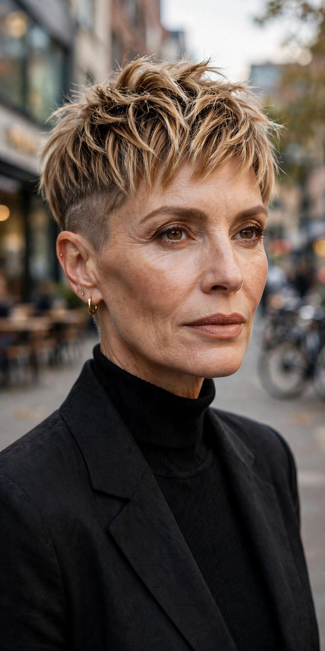Woman in her 50s with a choppy hawk pixie