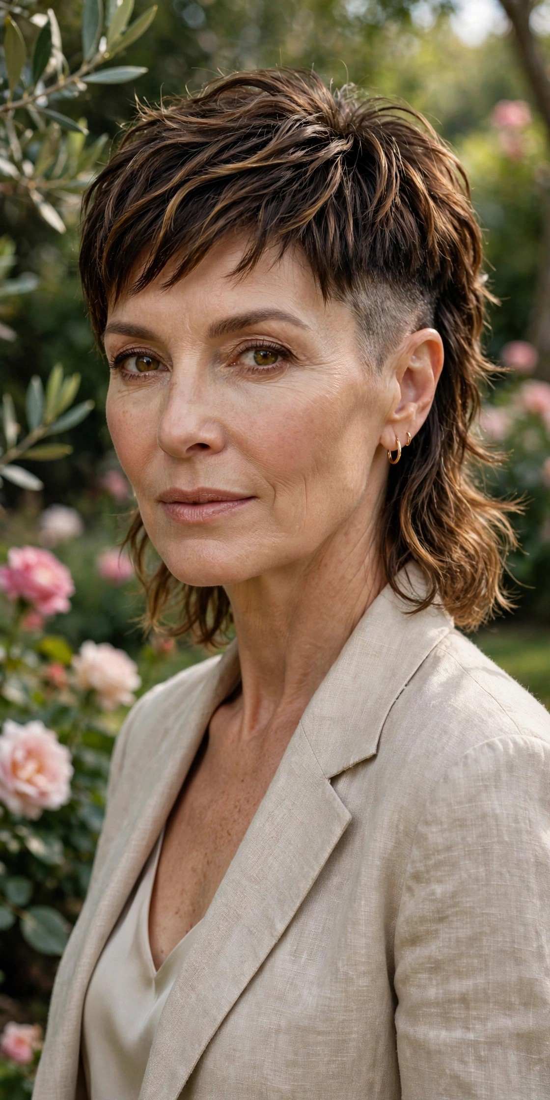 Woman in her 50s with a soft mullet shave pixie