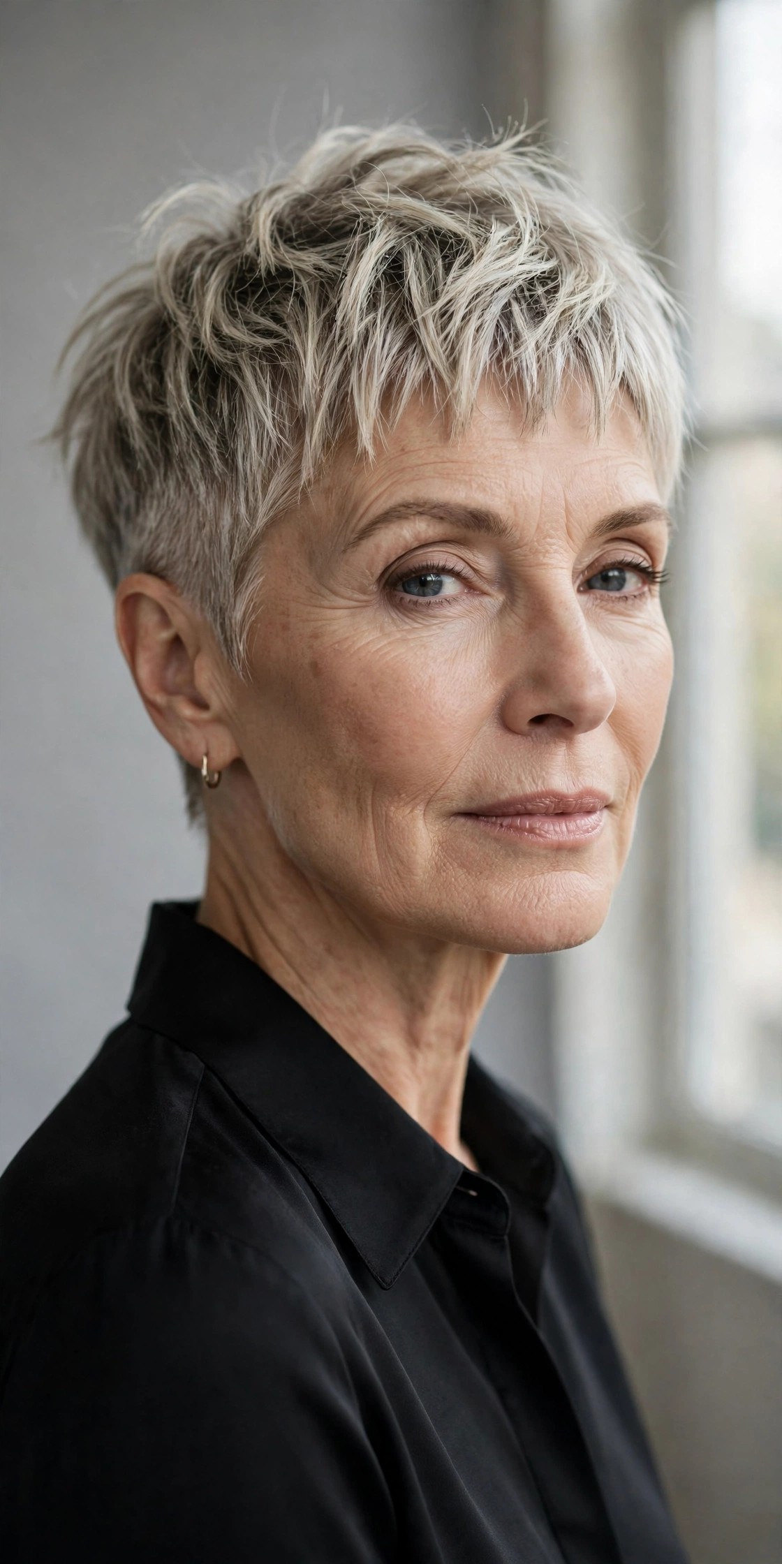 Woman in her 60s with a baby fringe fade pixie