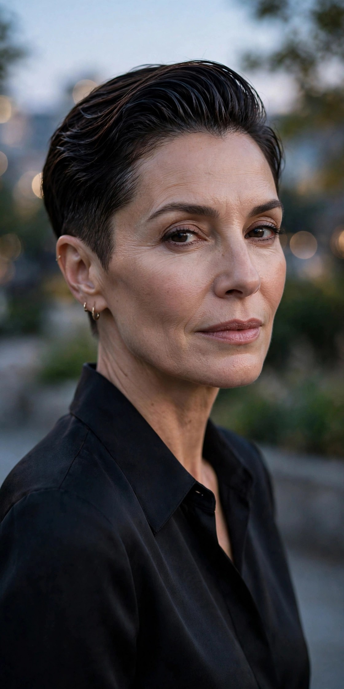 Woman in her 50s with a sleek wet undercut pixie