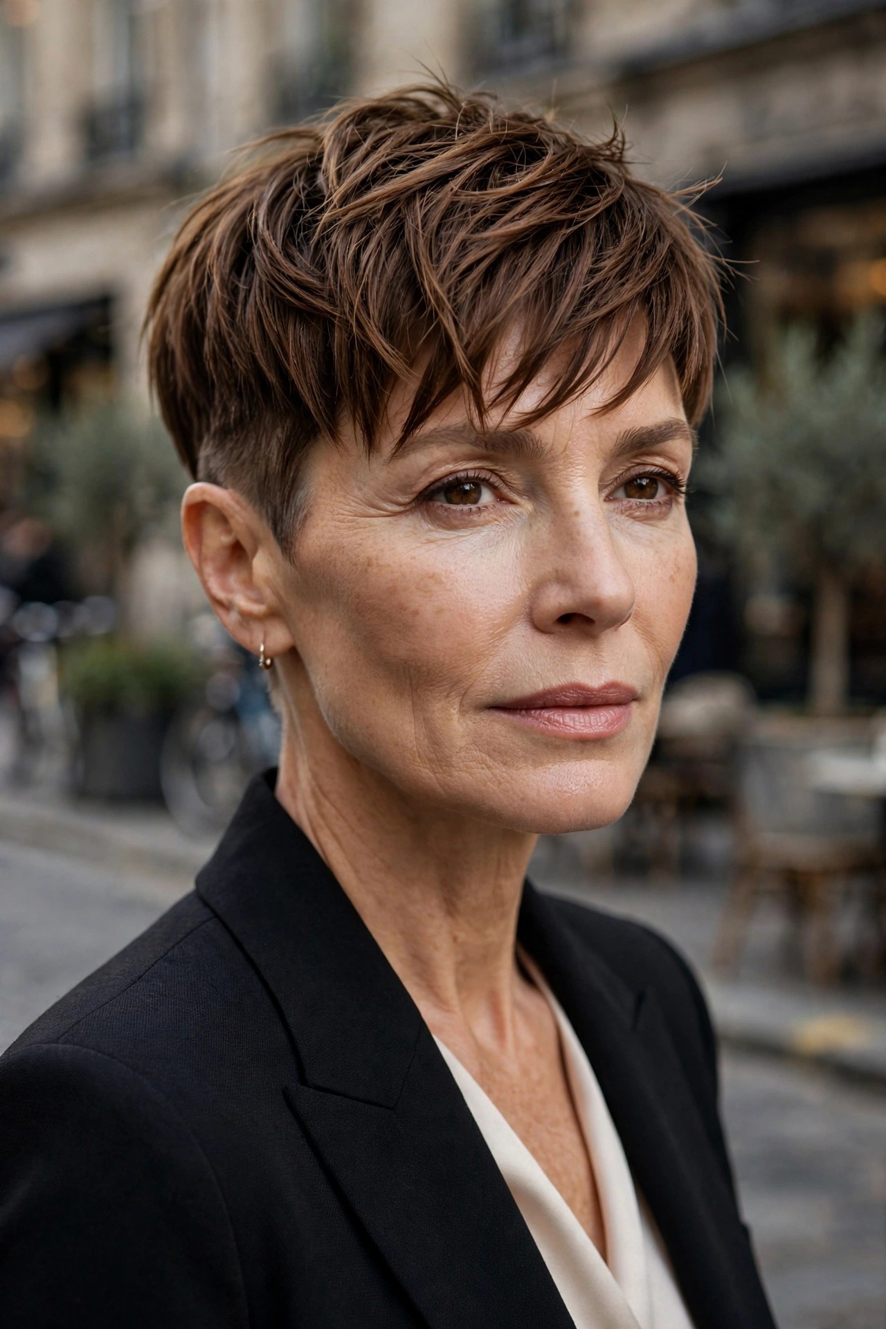 Woman in her 50s with a razor-swept pixie
