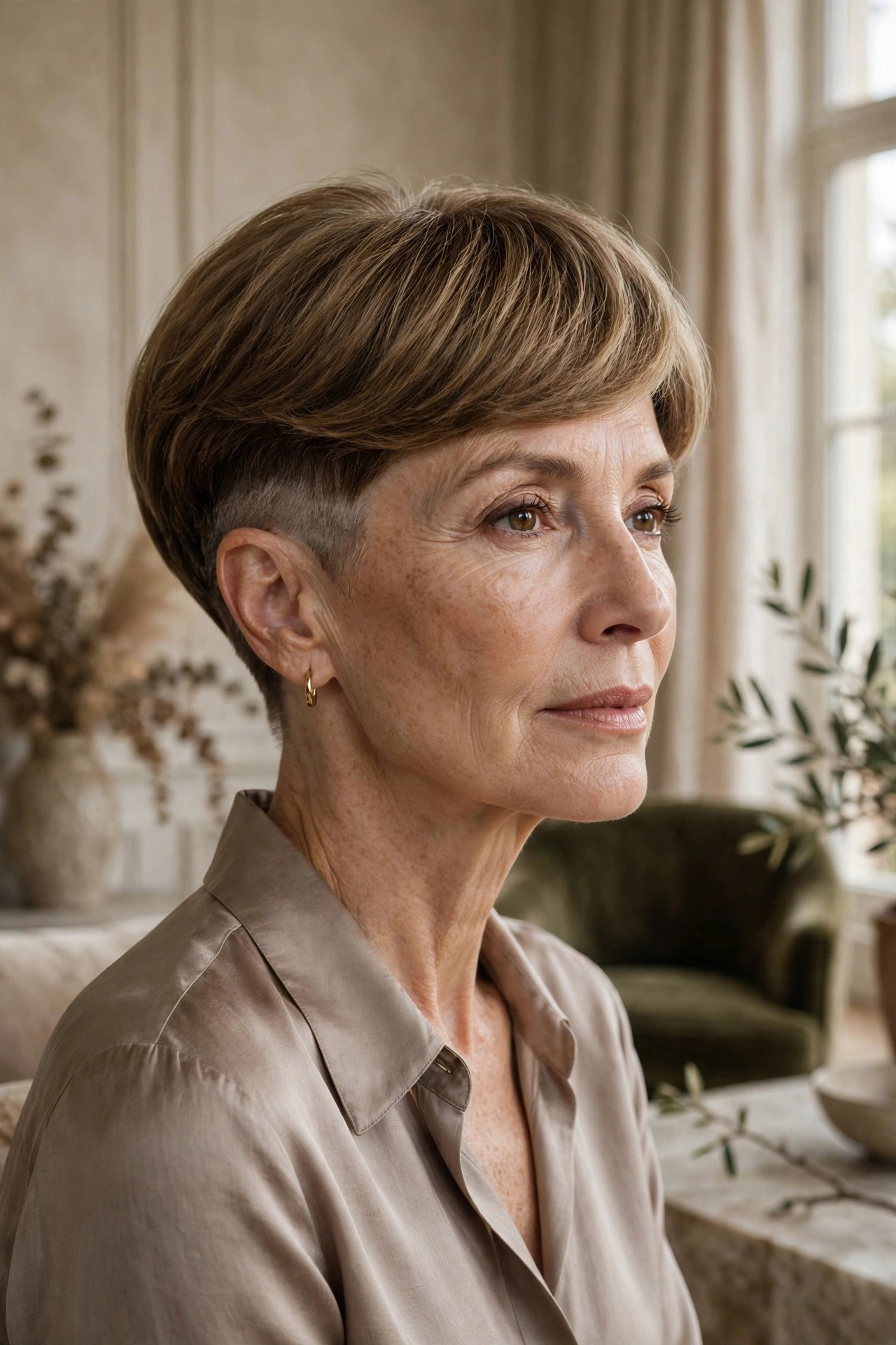 Woman in her 50s with a soft dome pixie