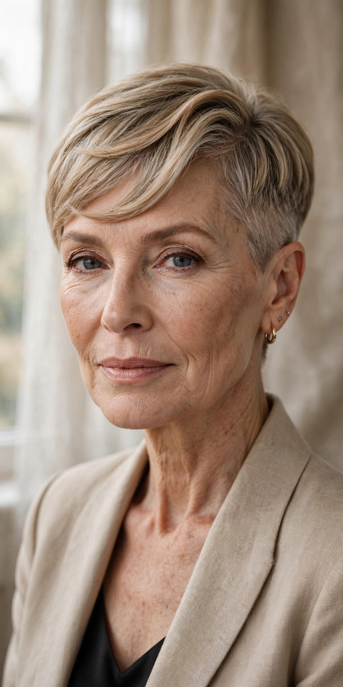 Woman in her 60s with a sculpted curve pixie