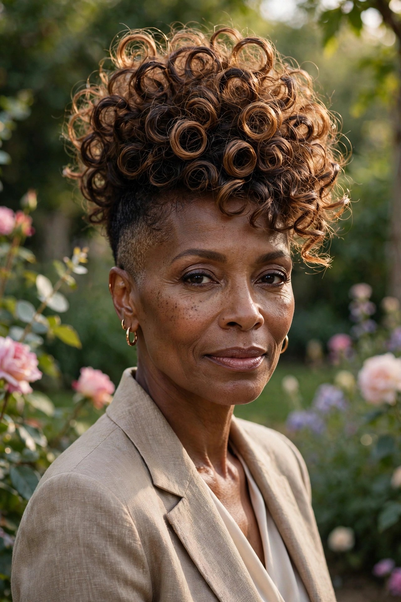 Black woman in her 50s with a spiral crown shave pixie