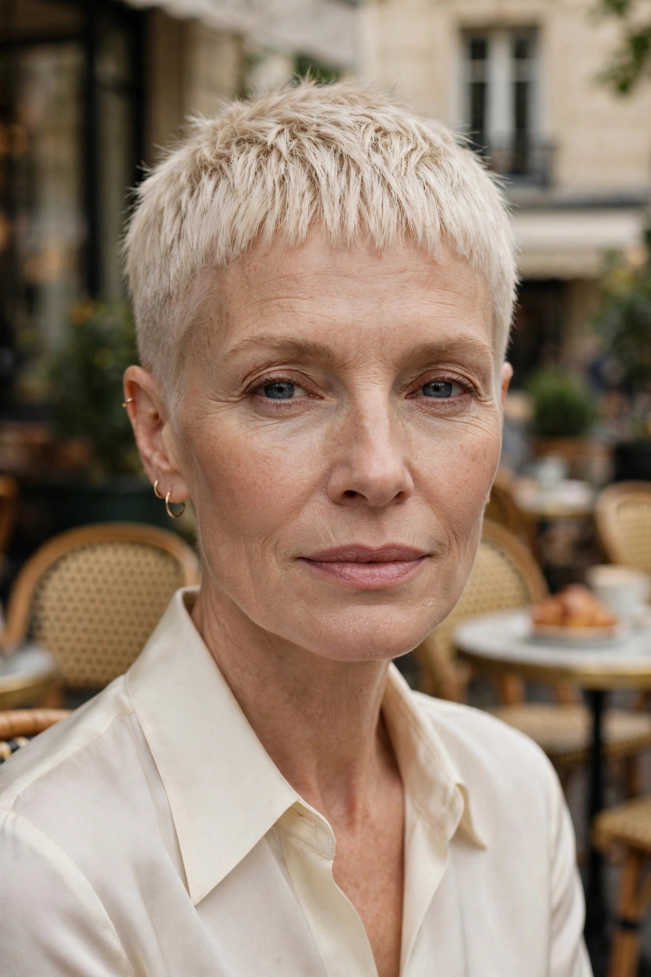 Woman in her 50s with a Parisian micro shave pixie