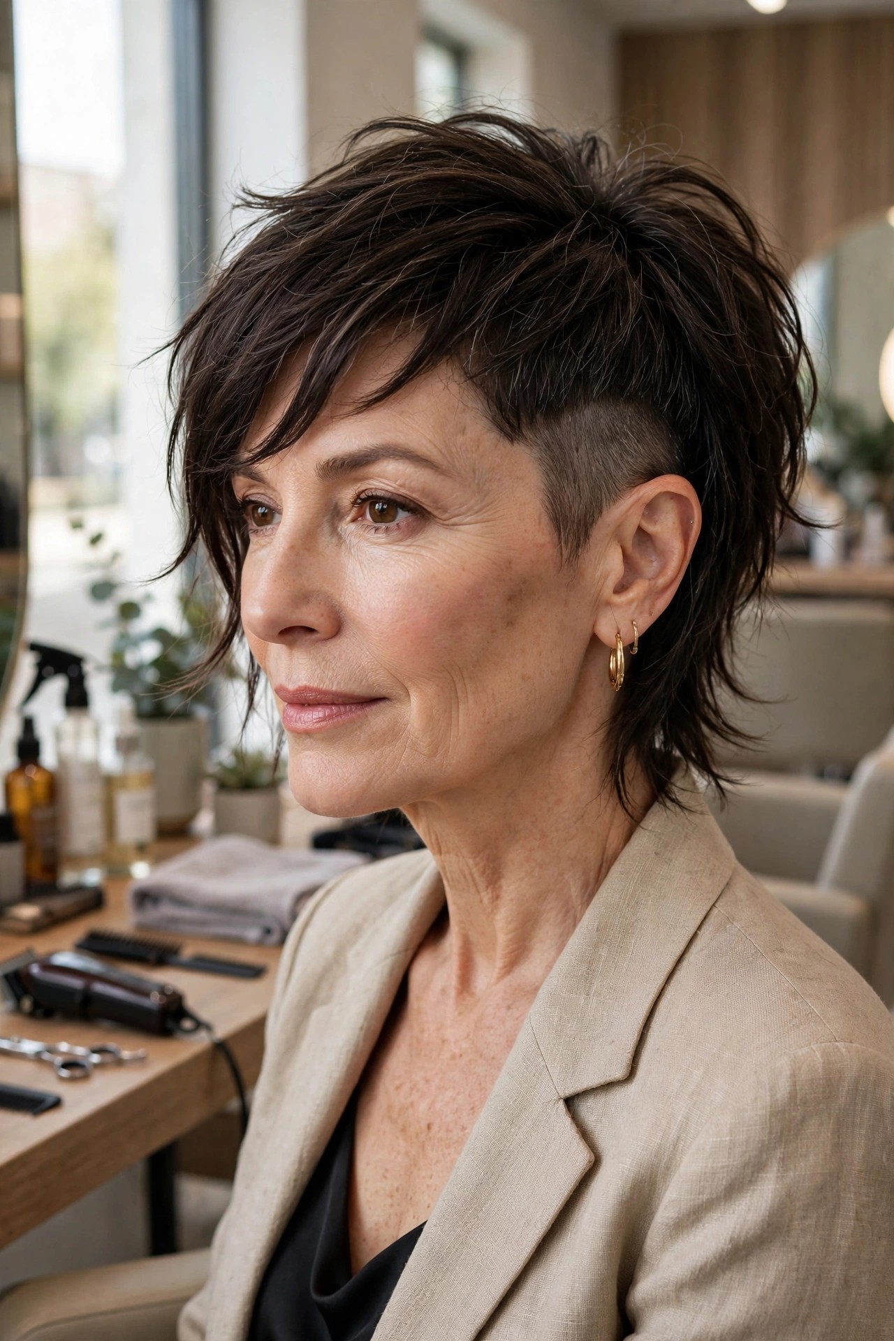 Woman in her 50s with a wispy panel shave pixie