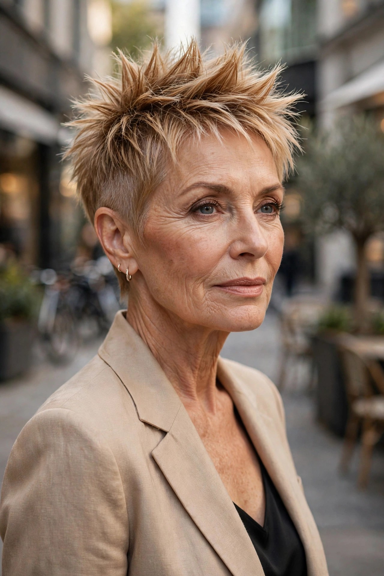Woman in her 60s with a spiked fade pixie