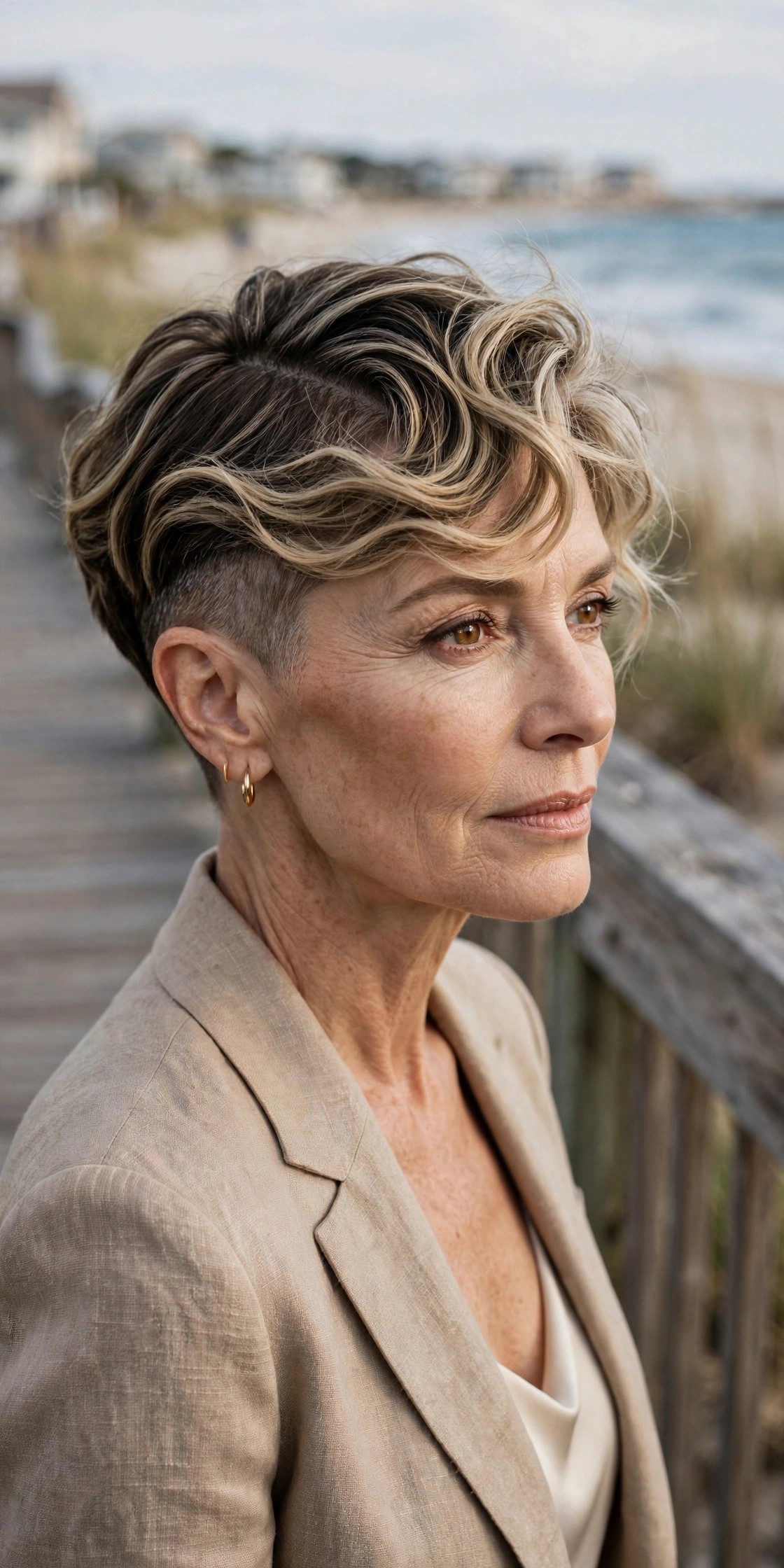 Woman in her 50s with a wavy sweep shave pixie