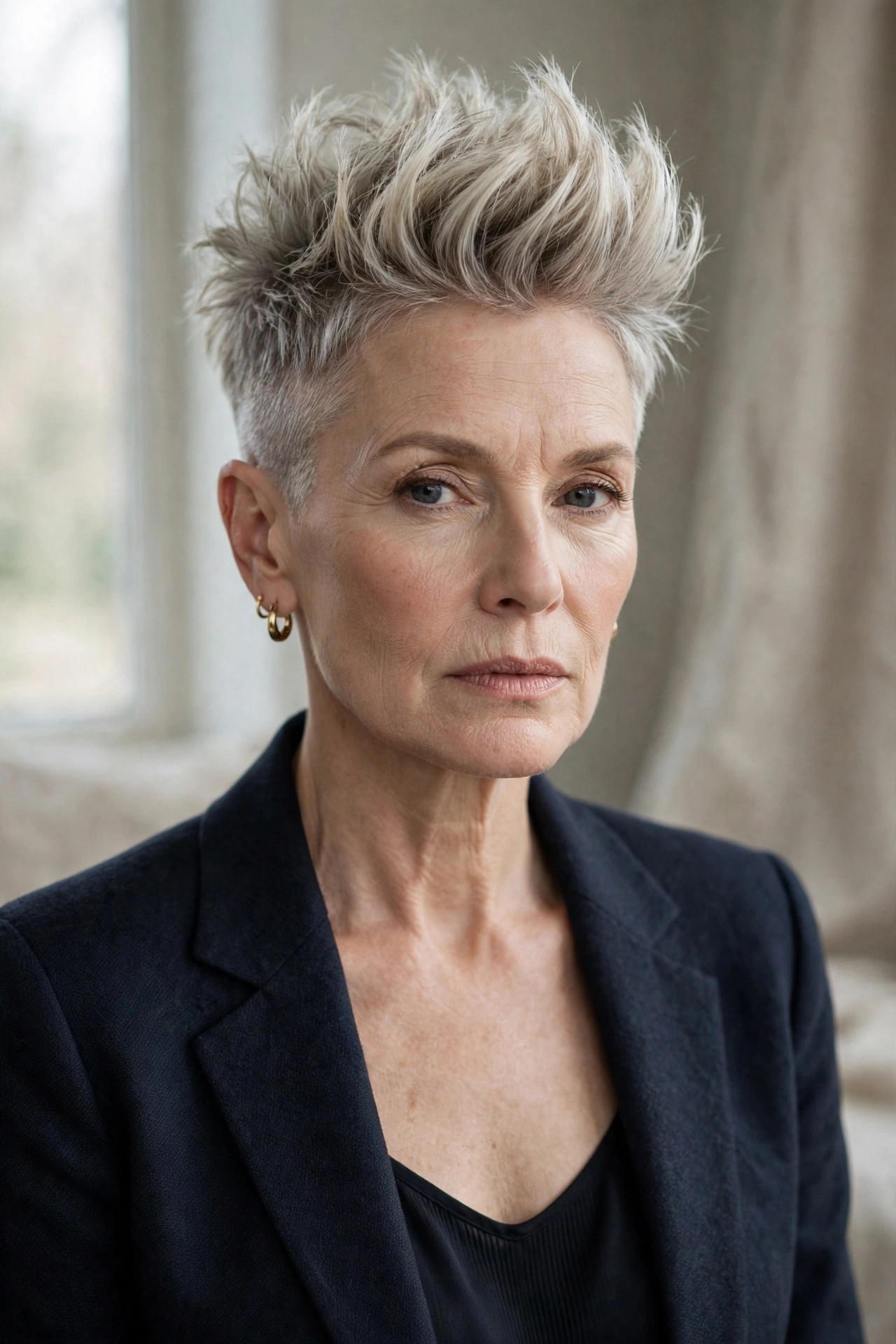 Woman in her 50s with a high-top temple fade pixie