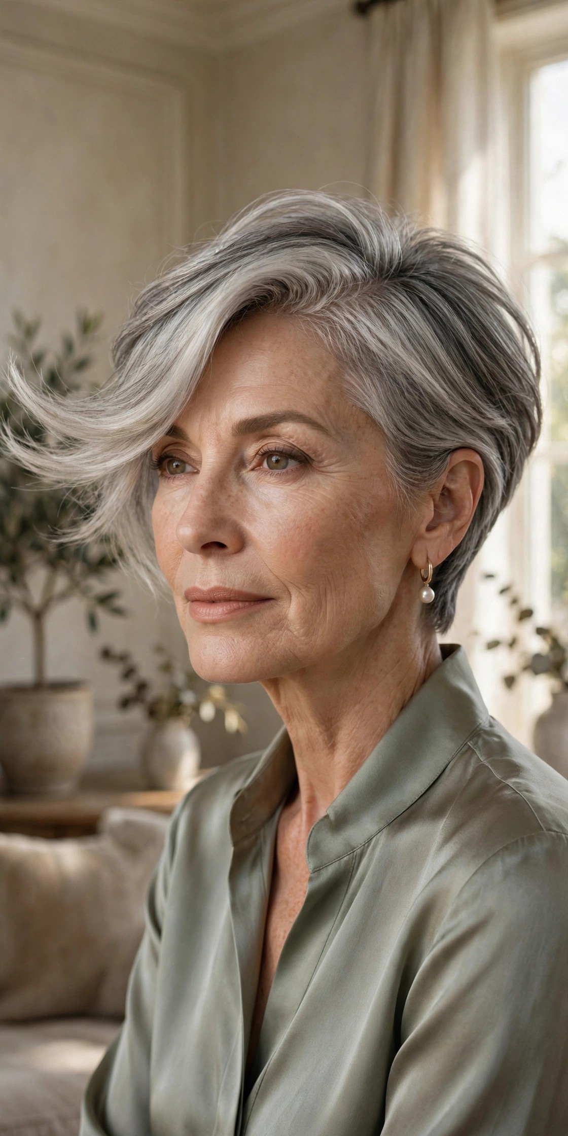 Woman in her 60s with a hidden undercut pixie