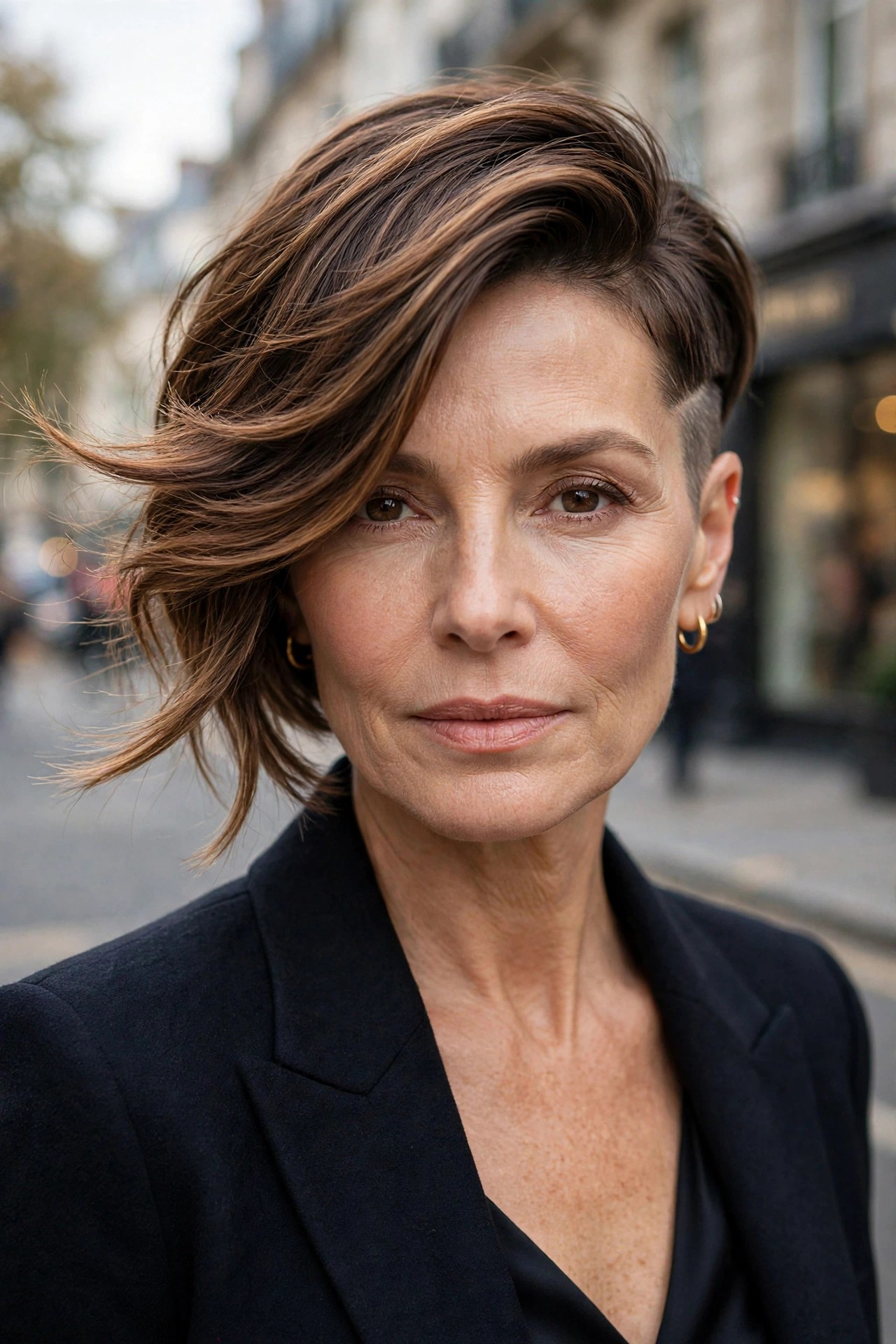 Woman in her 50s with a lopsided sweep pixie