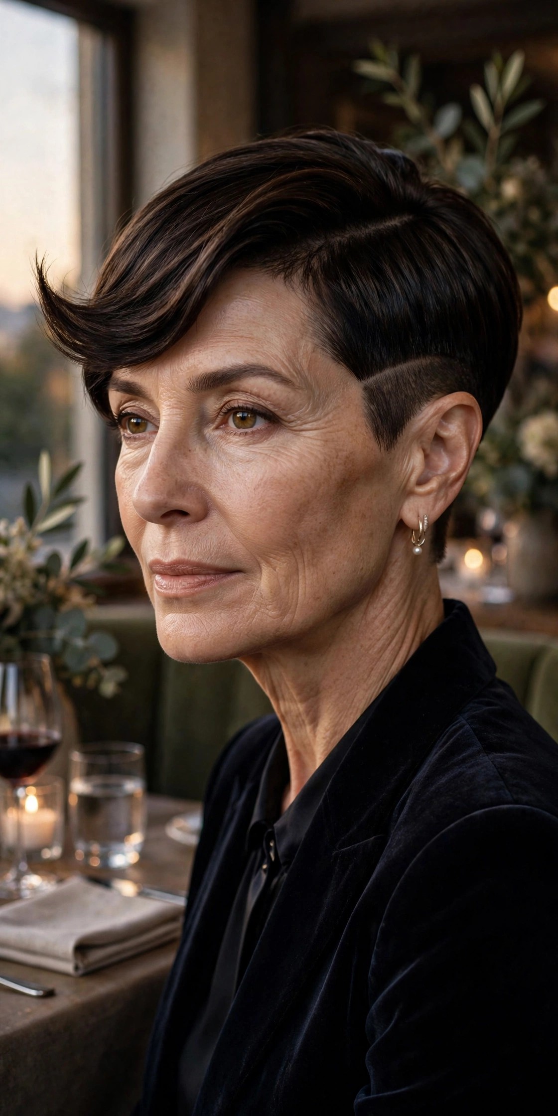 Woman in her 60s with an evening-sleek undercut pixie