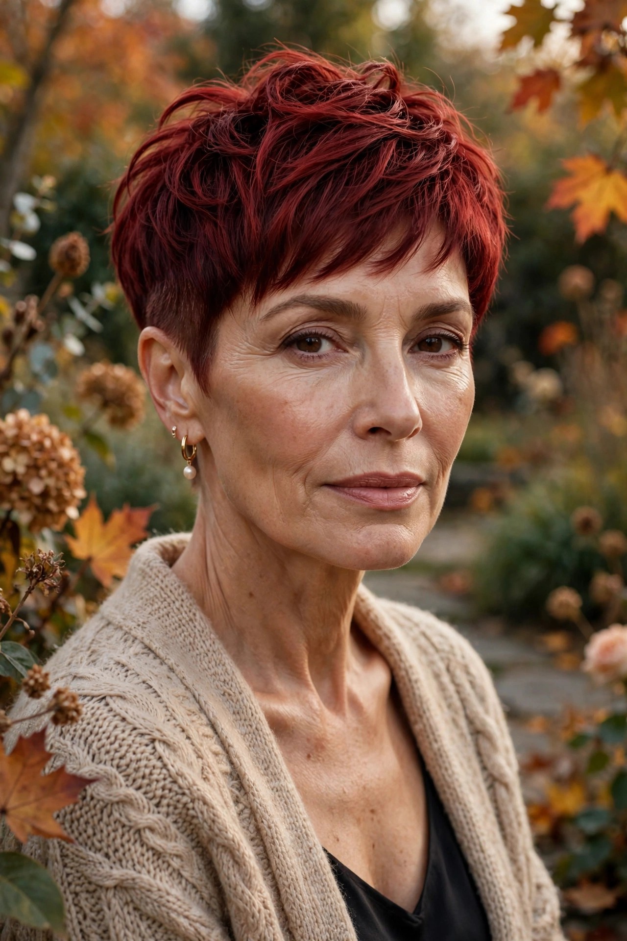 Woman in her 50s with a cherry fade pixie
