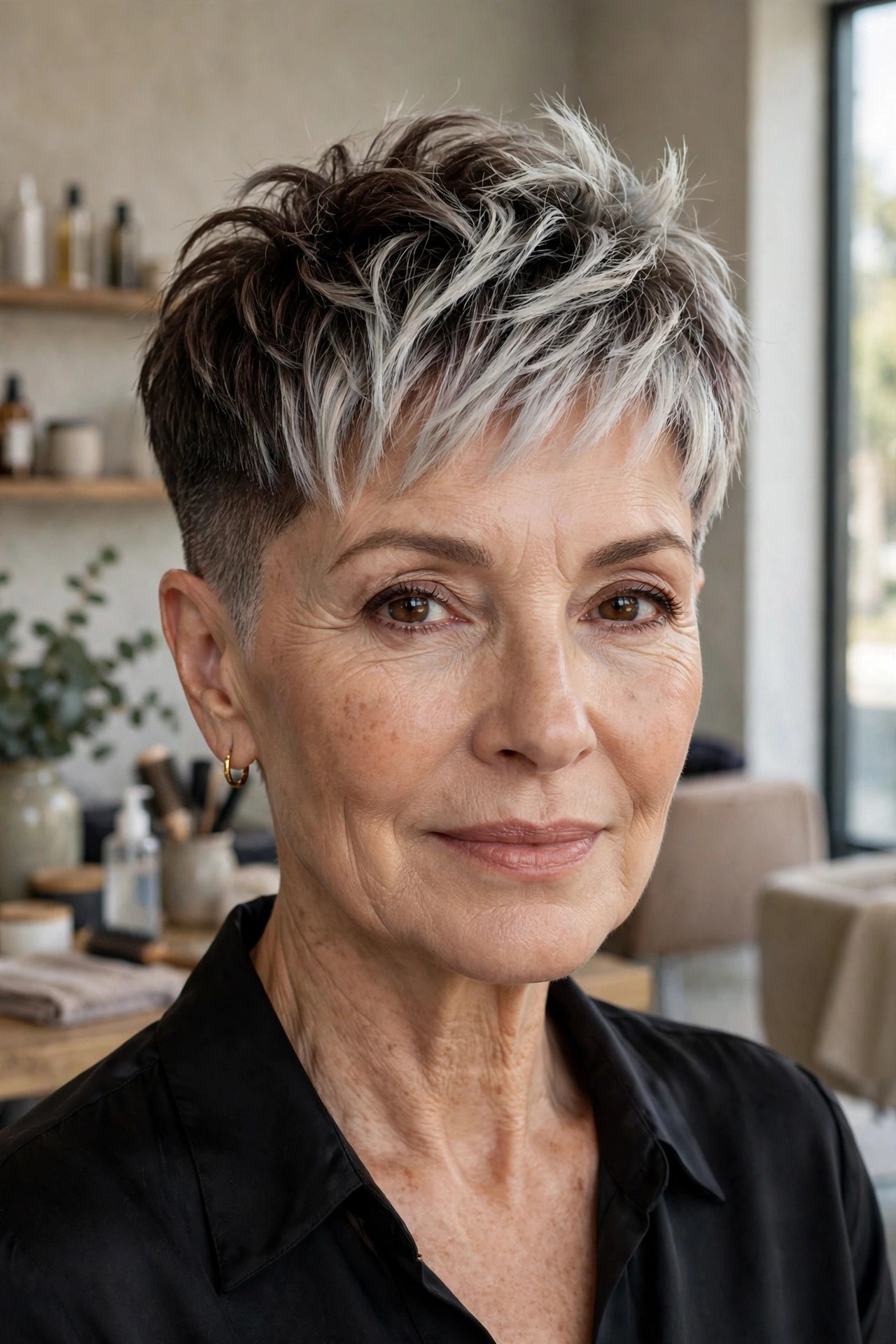Woman in her 60s with a frosted tip shave pixie