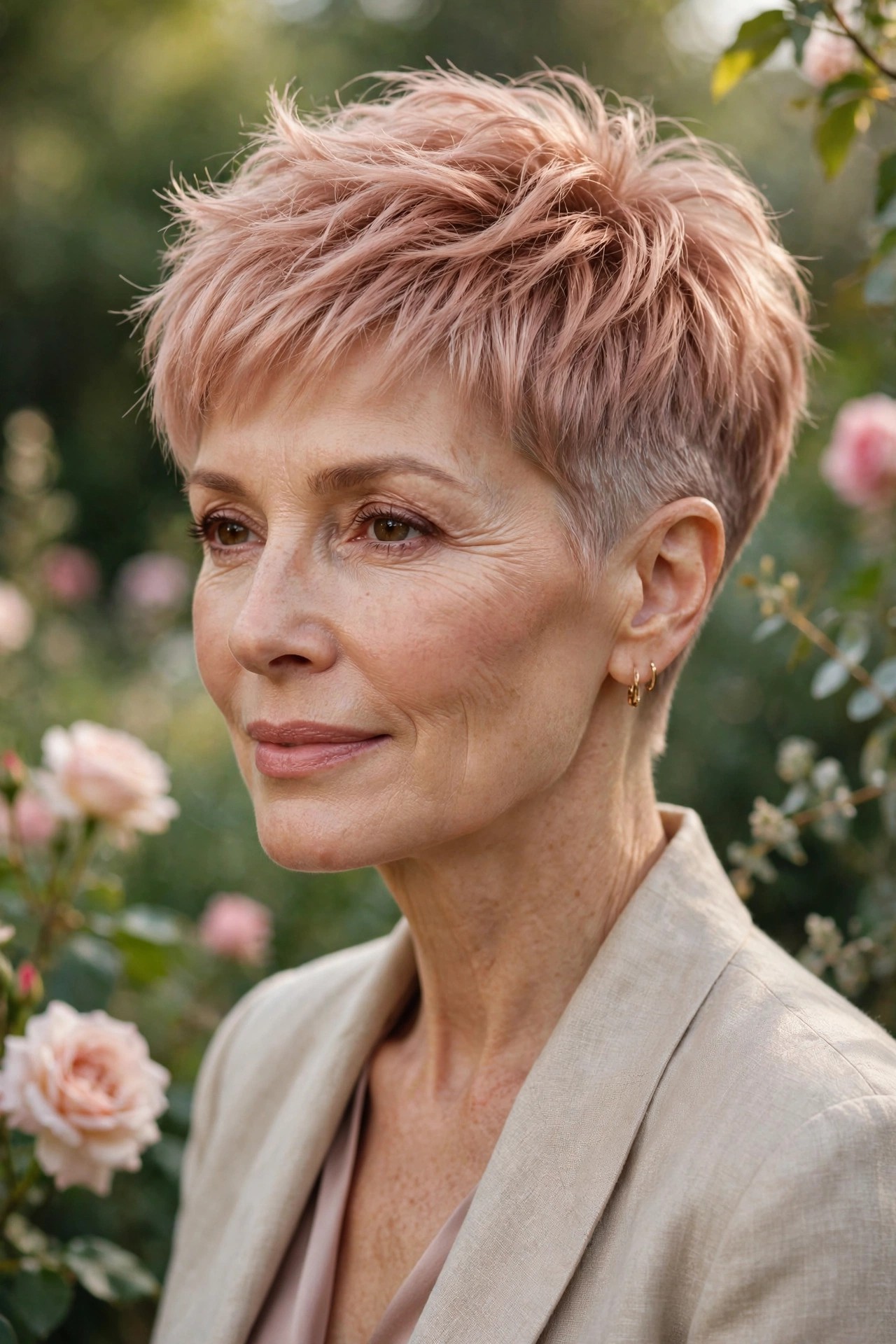 Woman in her 50s with a rose-gold fade pixie