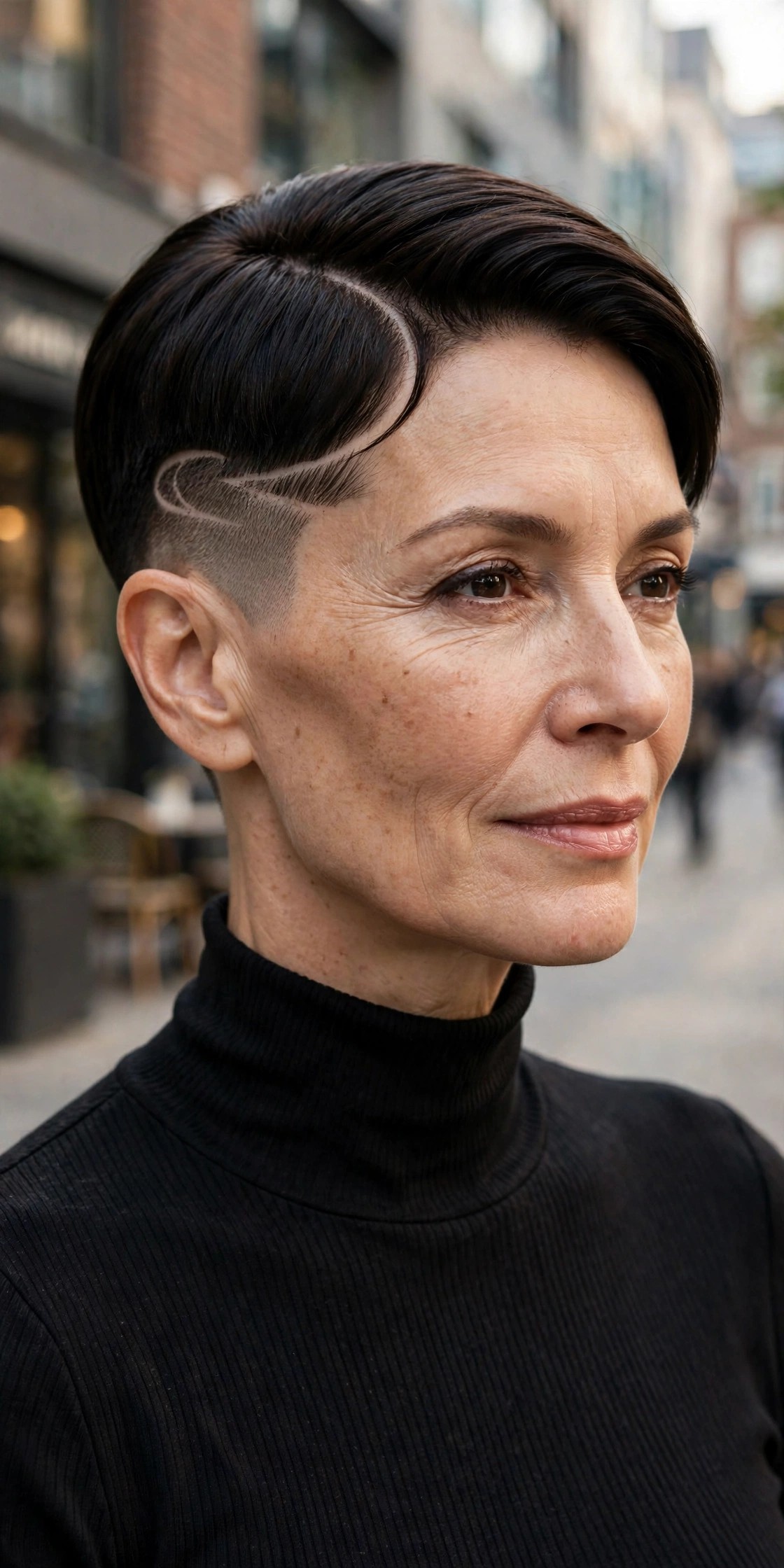 Woman in her 50s with a lined temple pixie, etched fade design