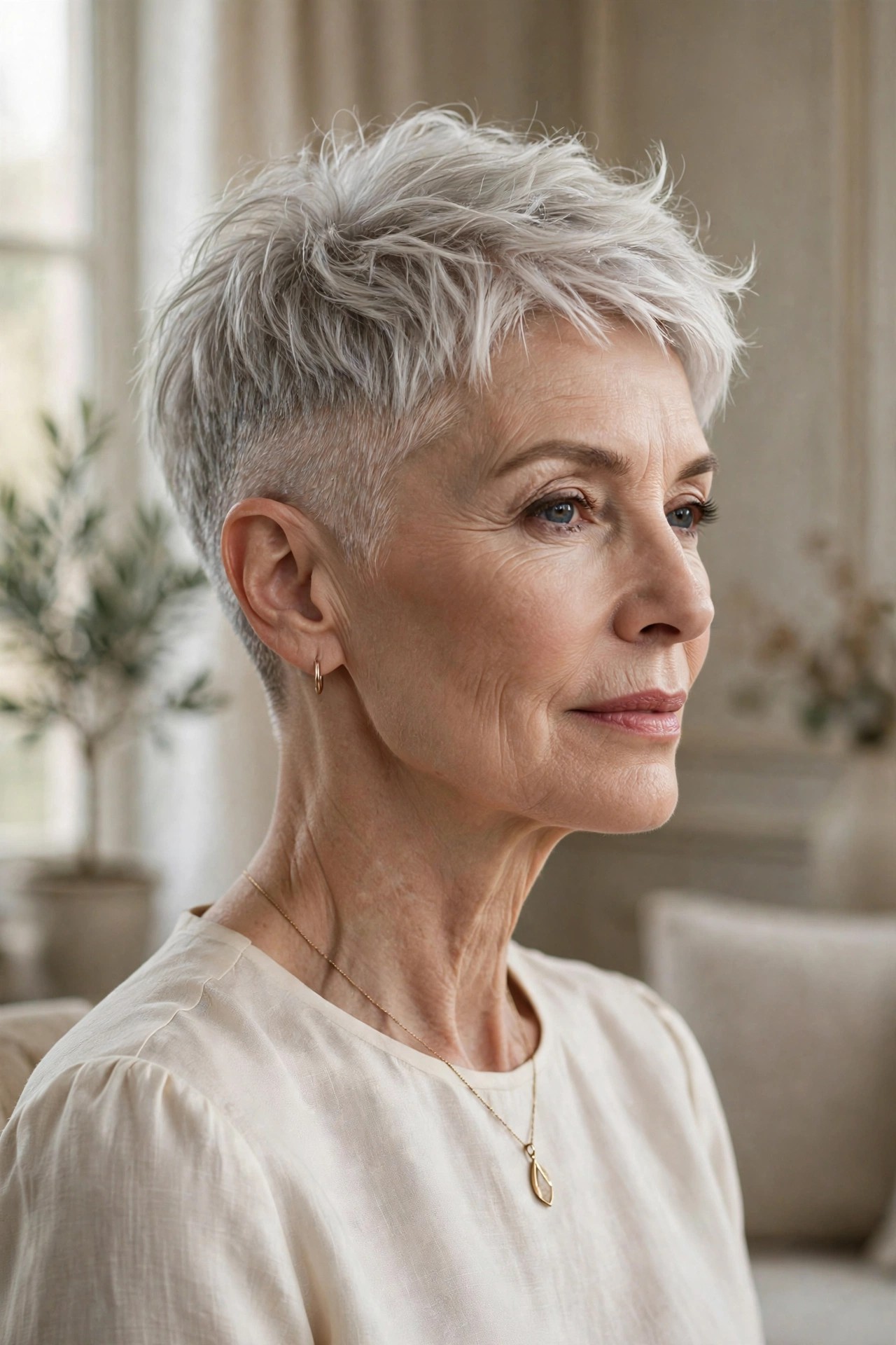 Woman in her 60s with a swan-neck pixie, faded nape