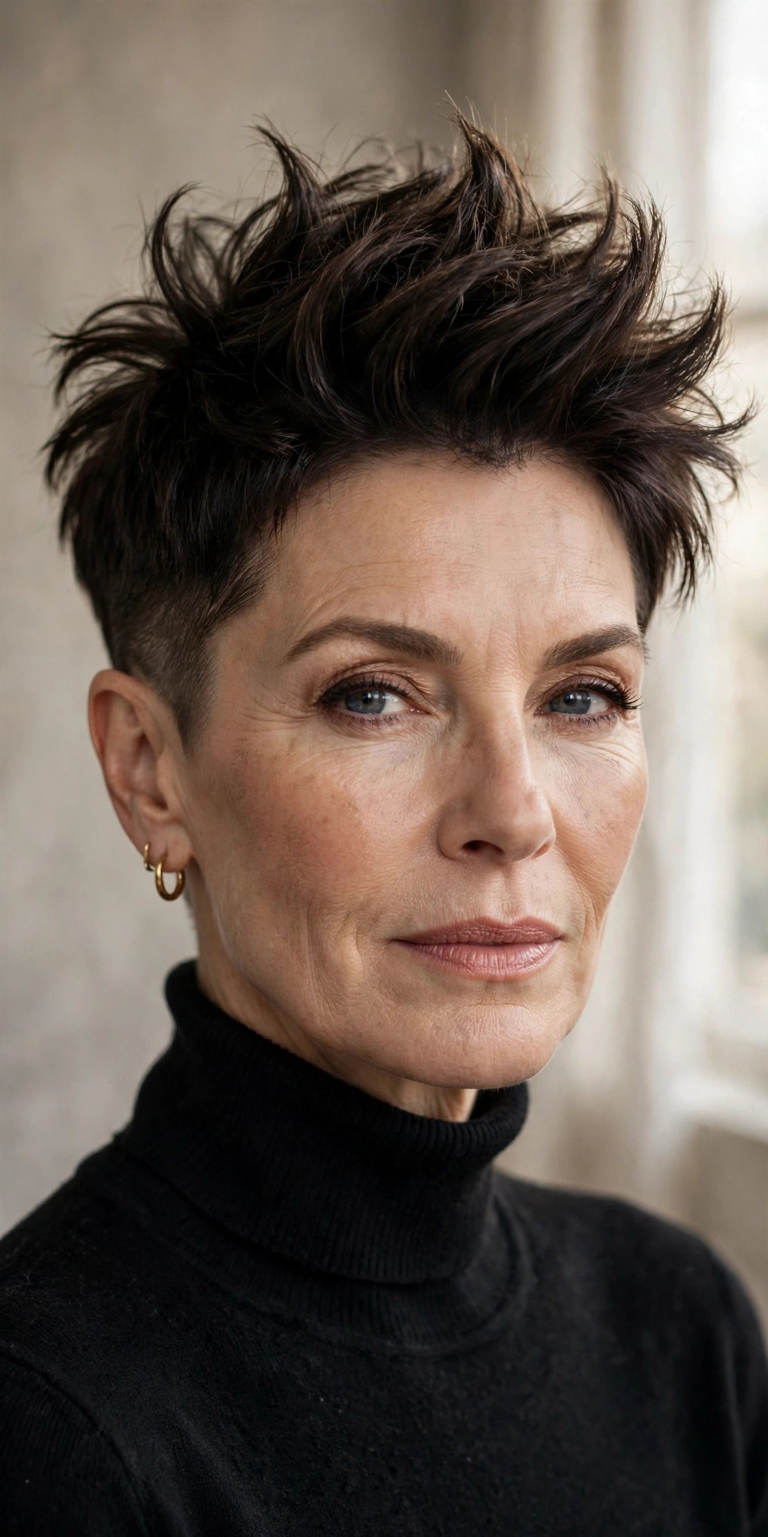 Woman in her 50s with a crown-jewel pixie, dramatic crown