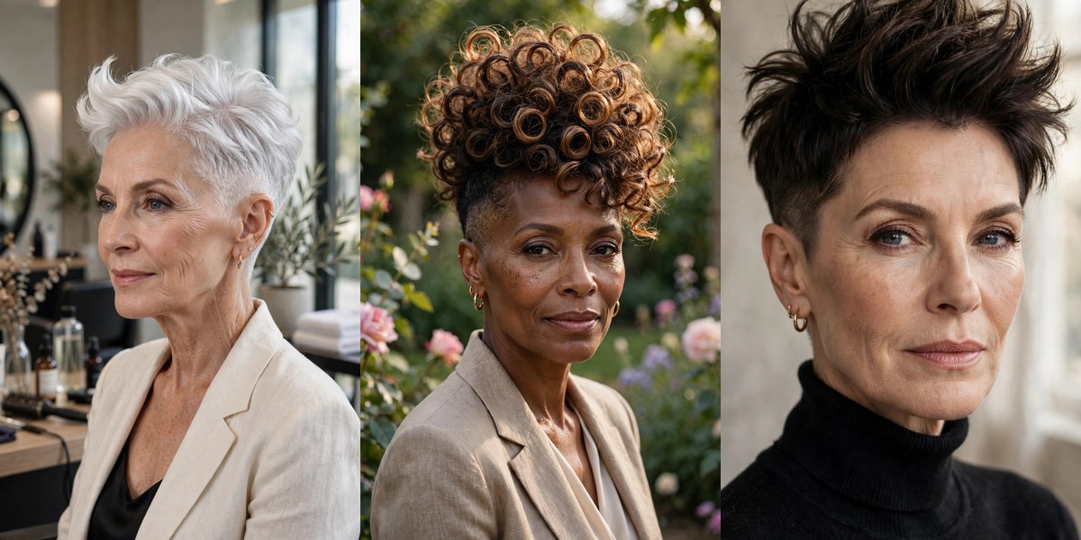 Pixie cuts with shaved sides collage: silver quiff, spiral crown, crown jewel