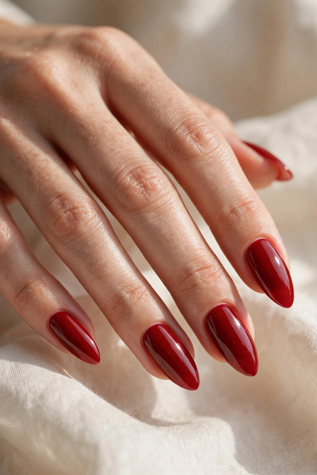 Glossy cherry-red almond nails