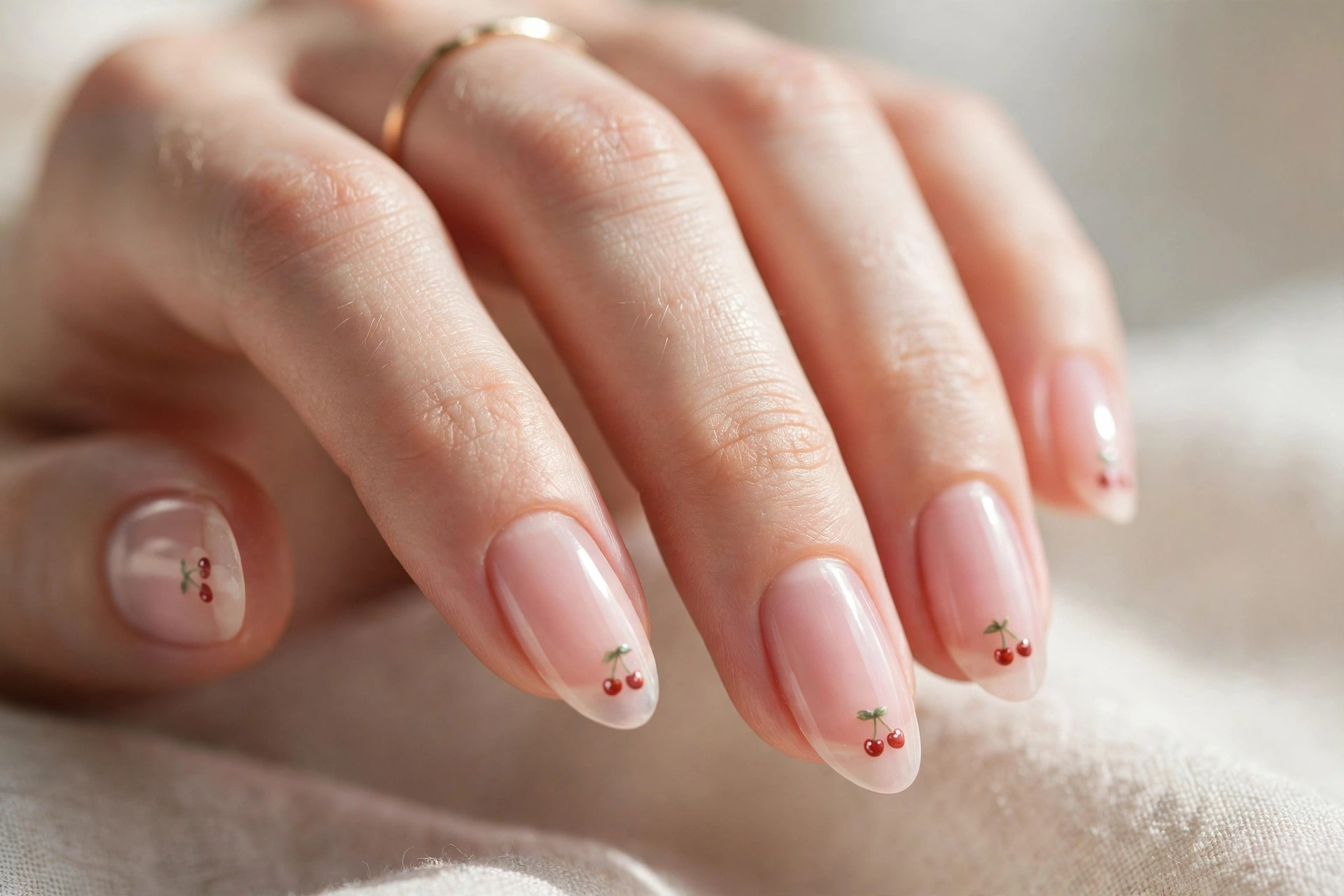 Sheer pink nails with micro cherries at tips