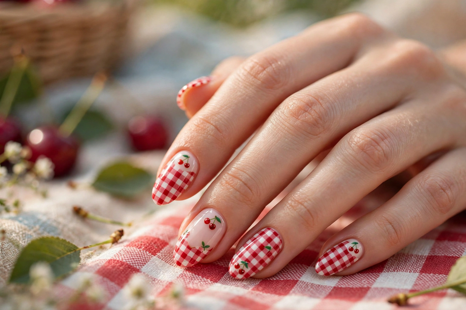Red gingham checks with cherry accents