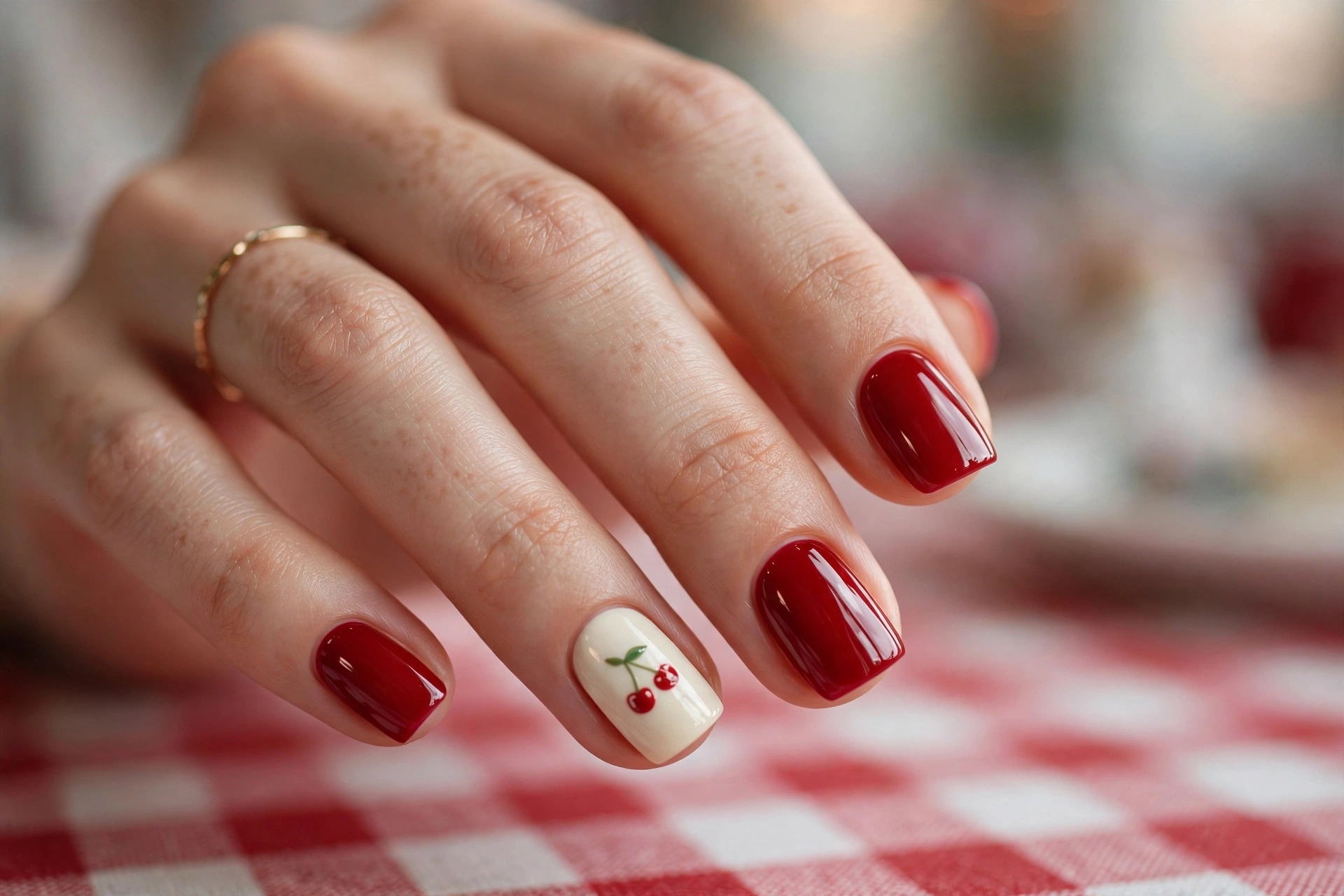 Diner-cherry red squares with cream cherry accent