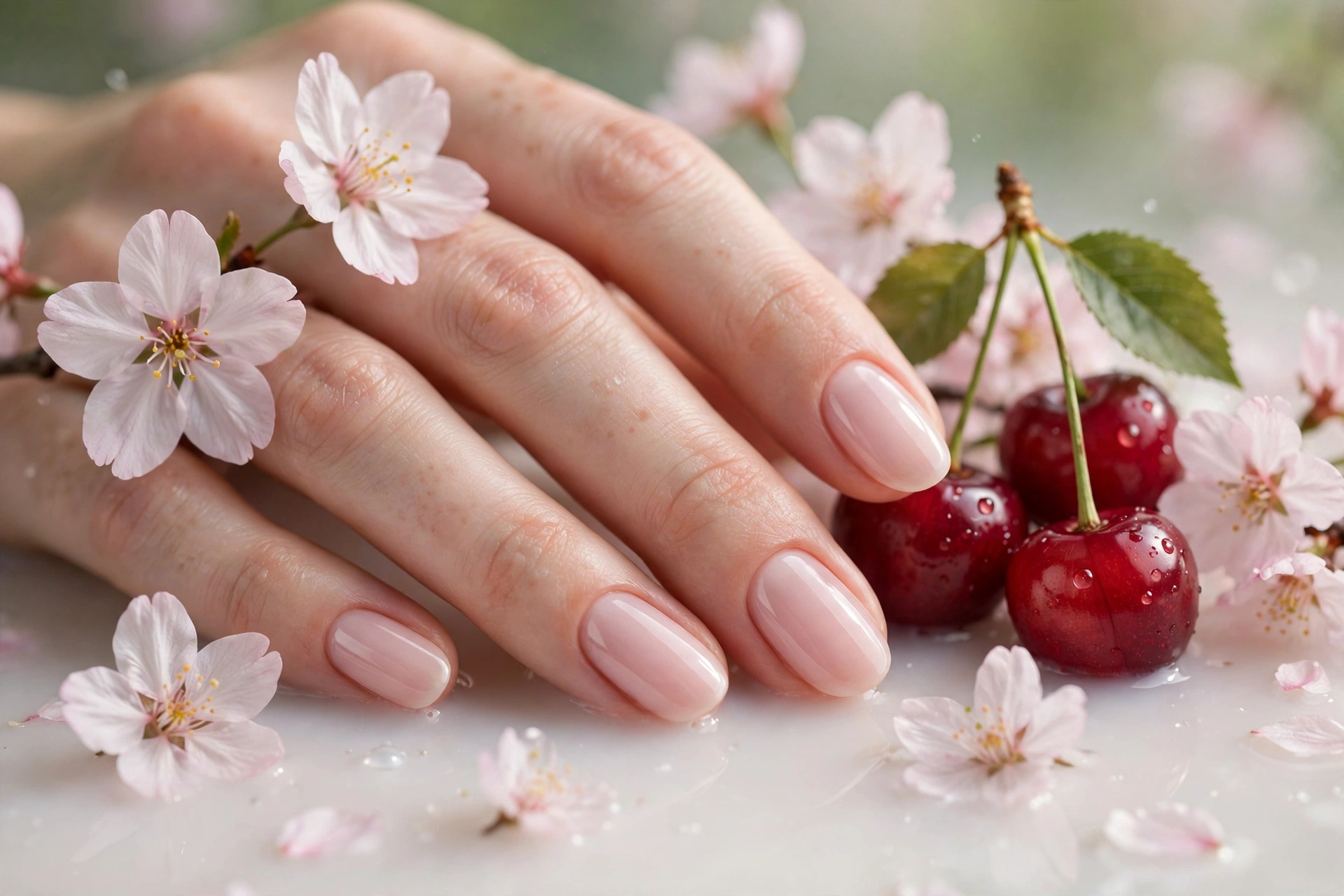 Cherries and blossoms on milky base