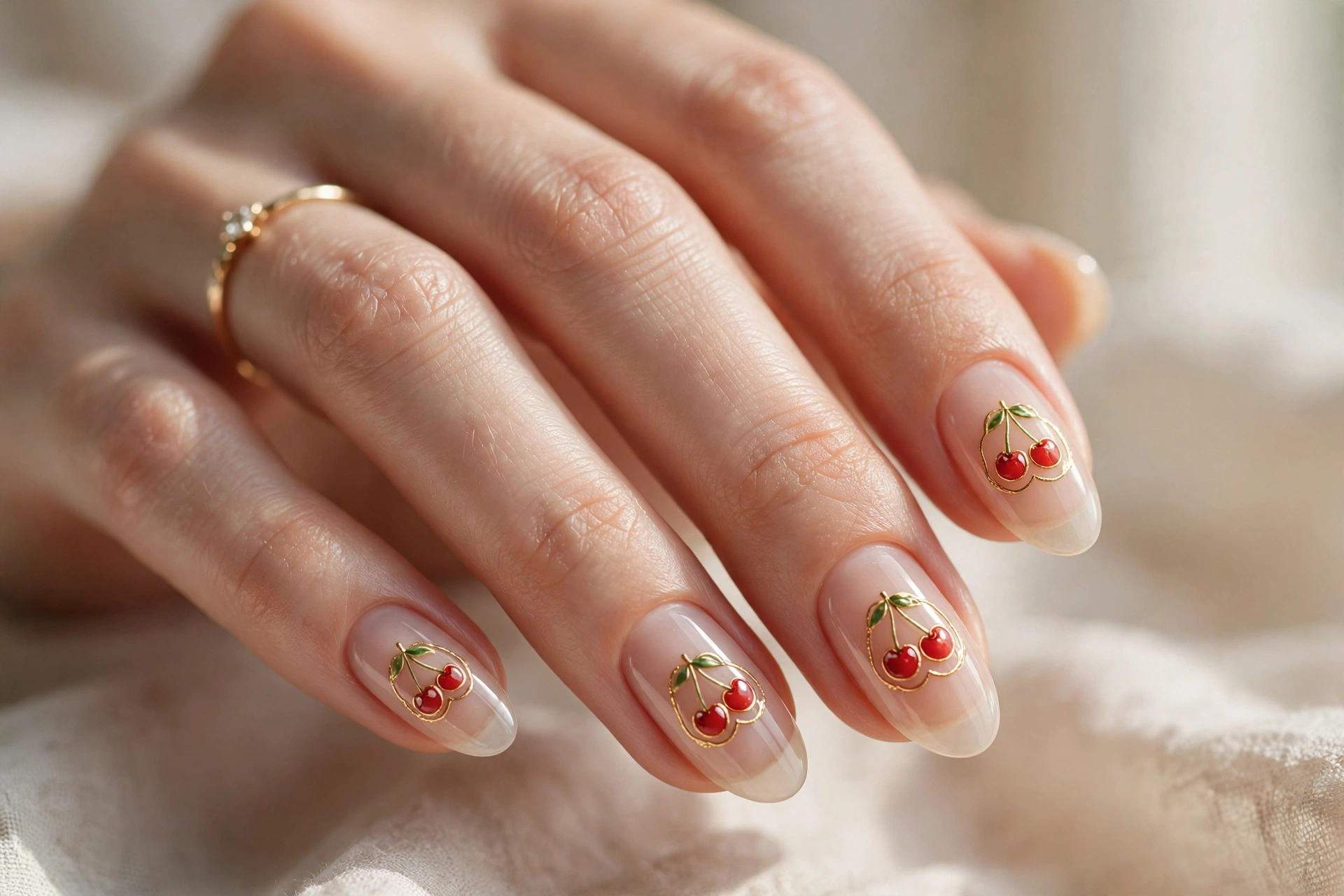 Cherries with gold outlines on sheer nude