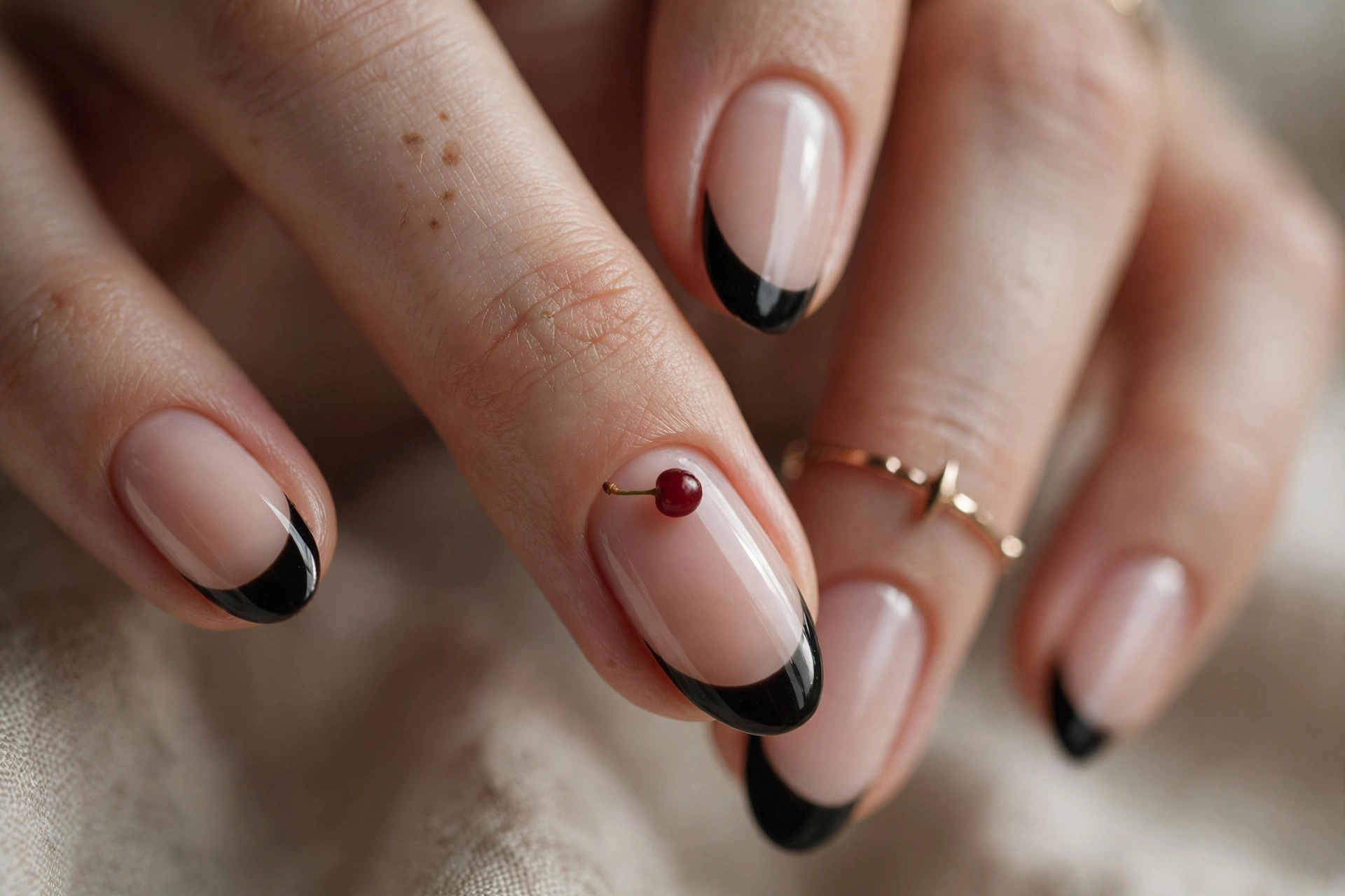 Black French tips with micro cherry