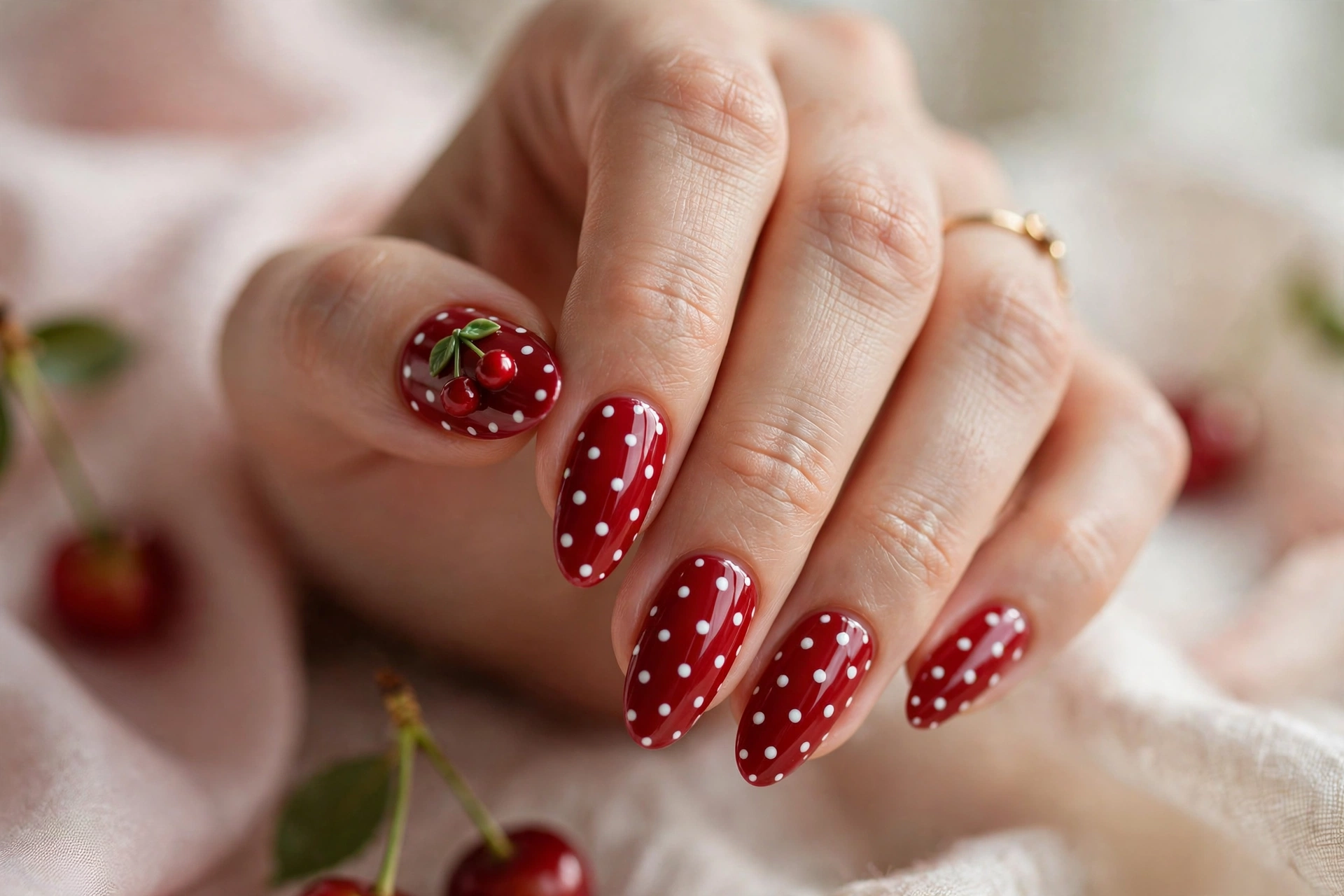 Polka dots on cherry red with mini cherries