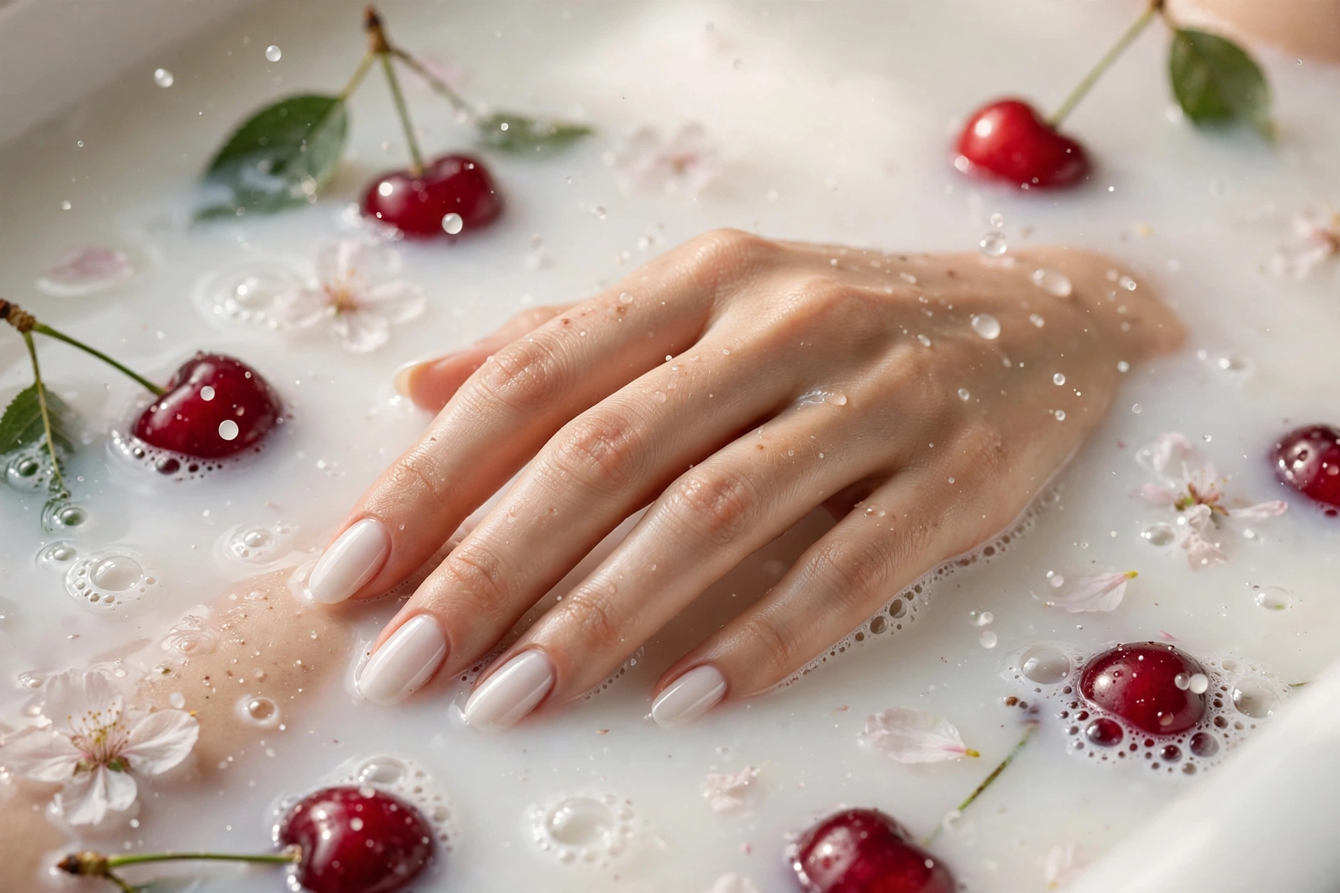 Milk-bath white nails with suspended cherries