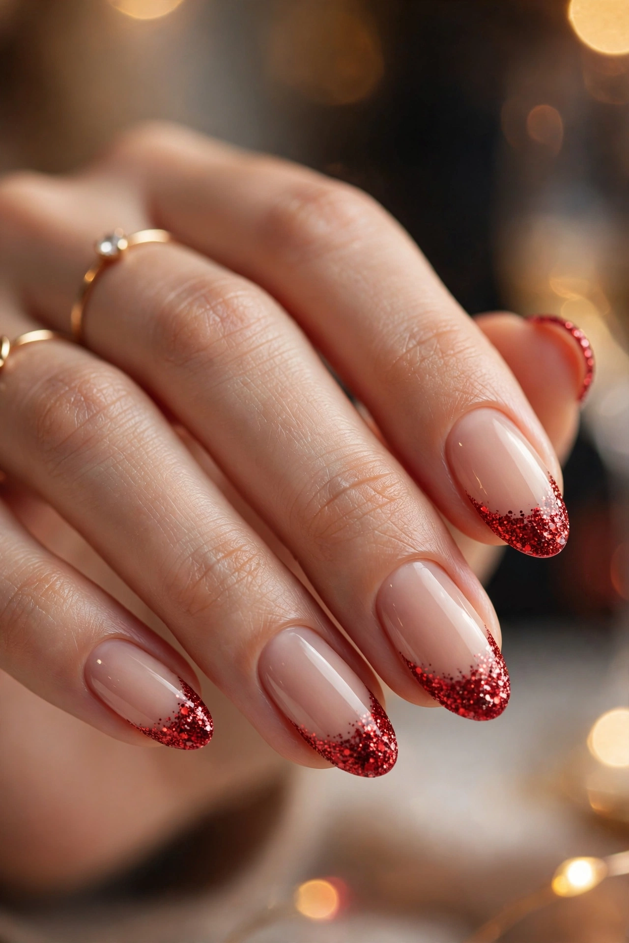 Cherry-red glitter tips on nude