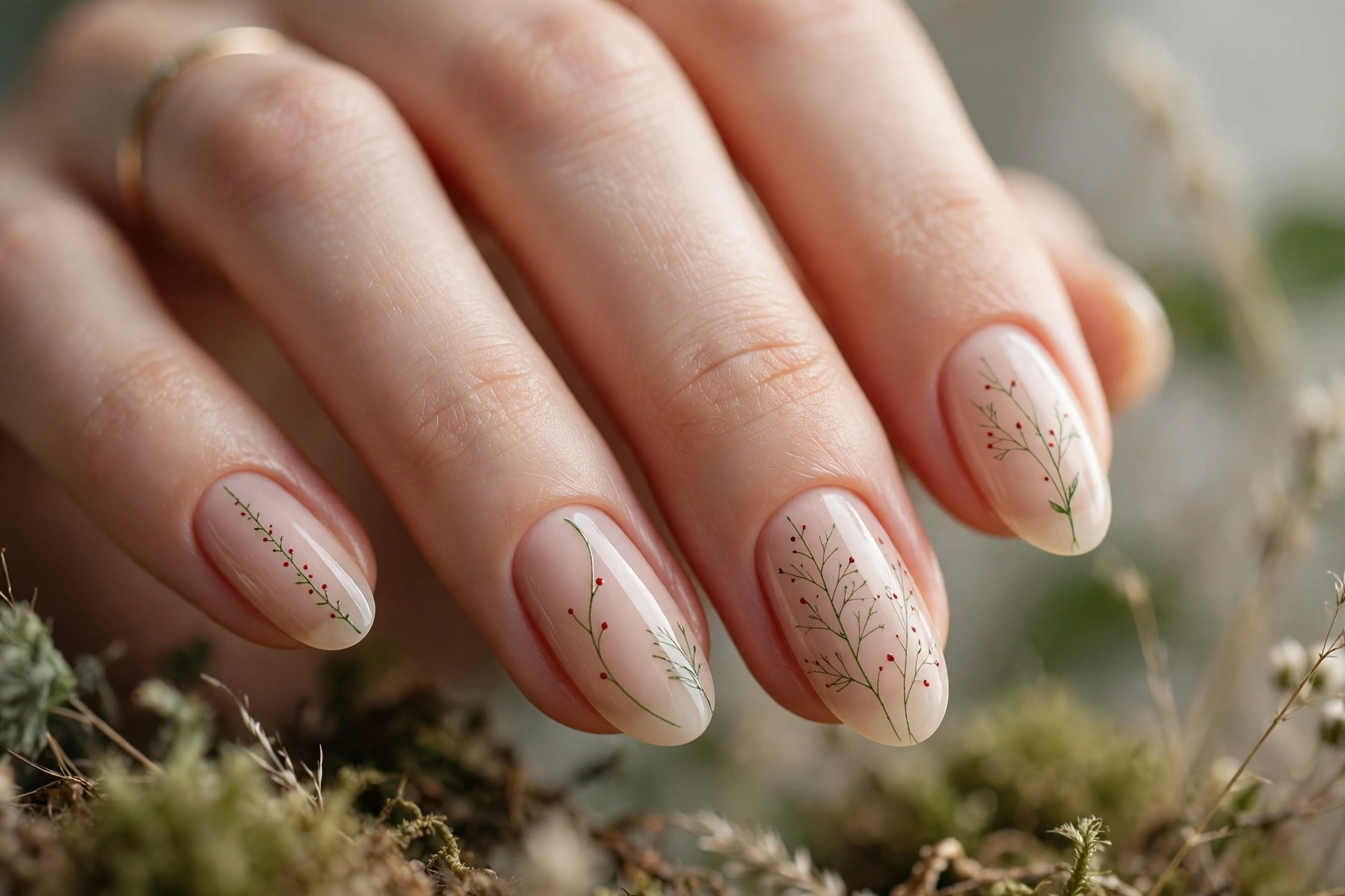 Stem line art with tiny cherries on nude