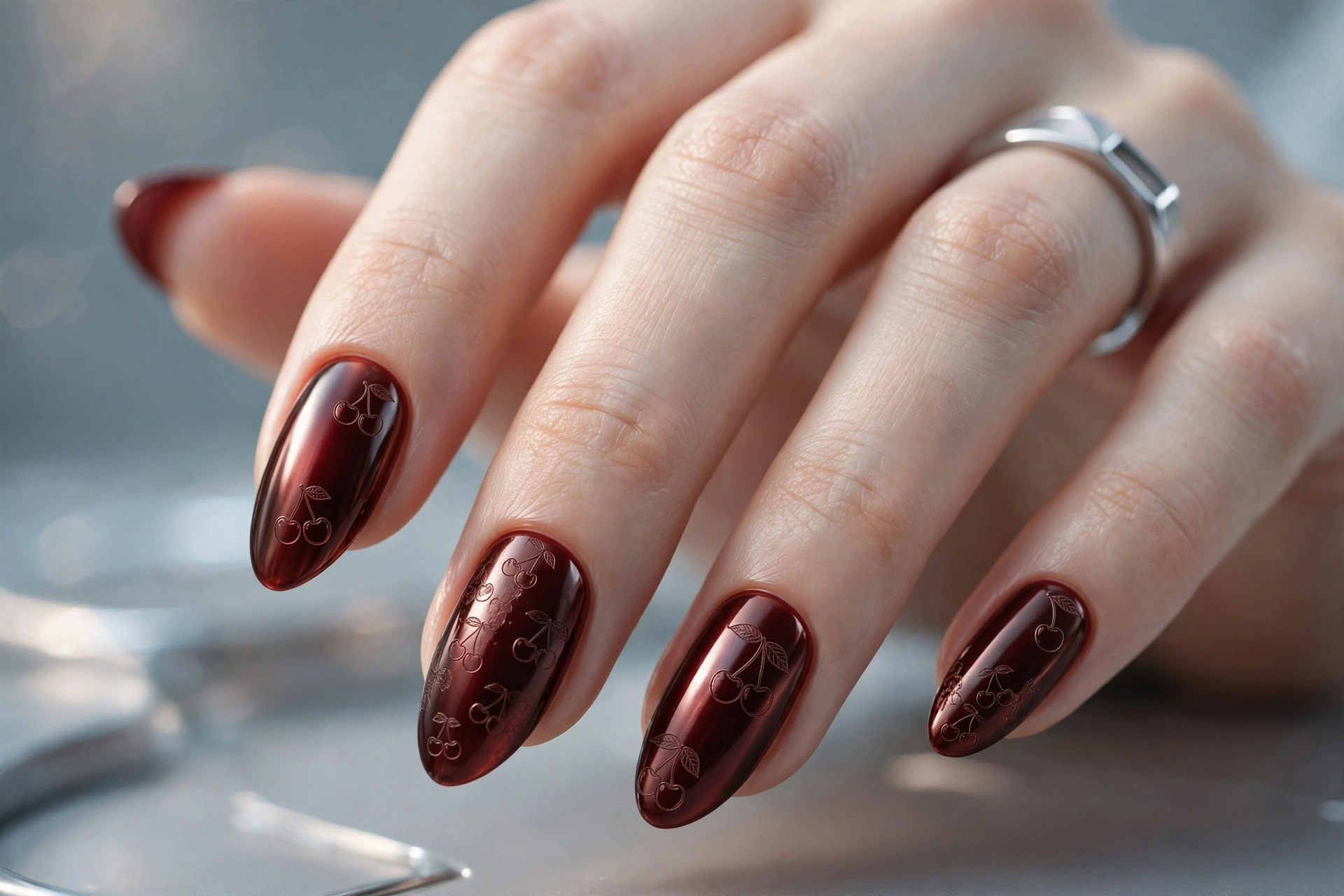 Cherry cola chrome nails