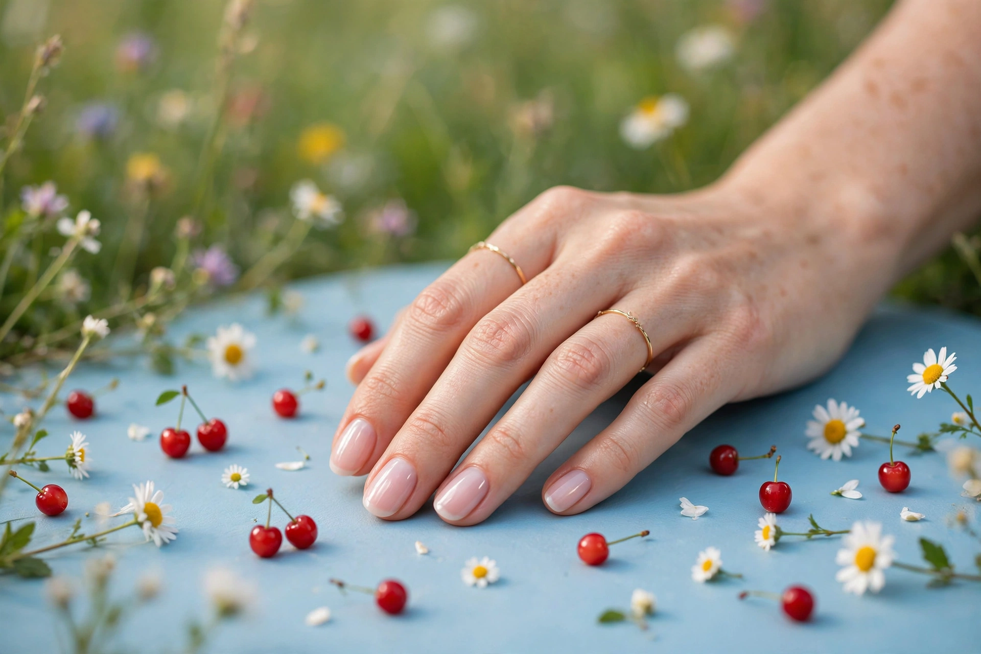 Cherries and daisies on sky blue