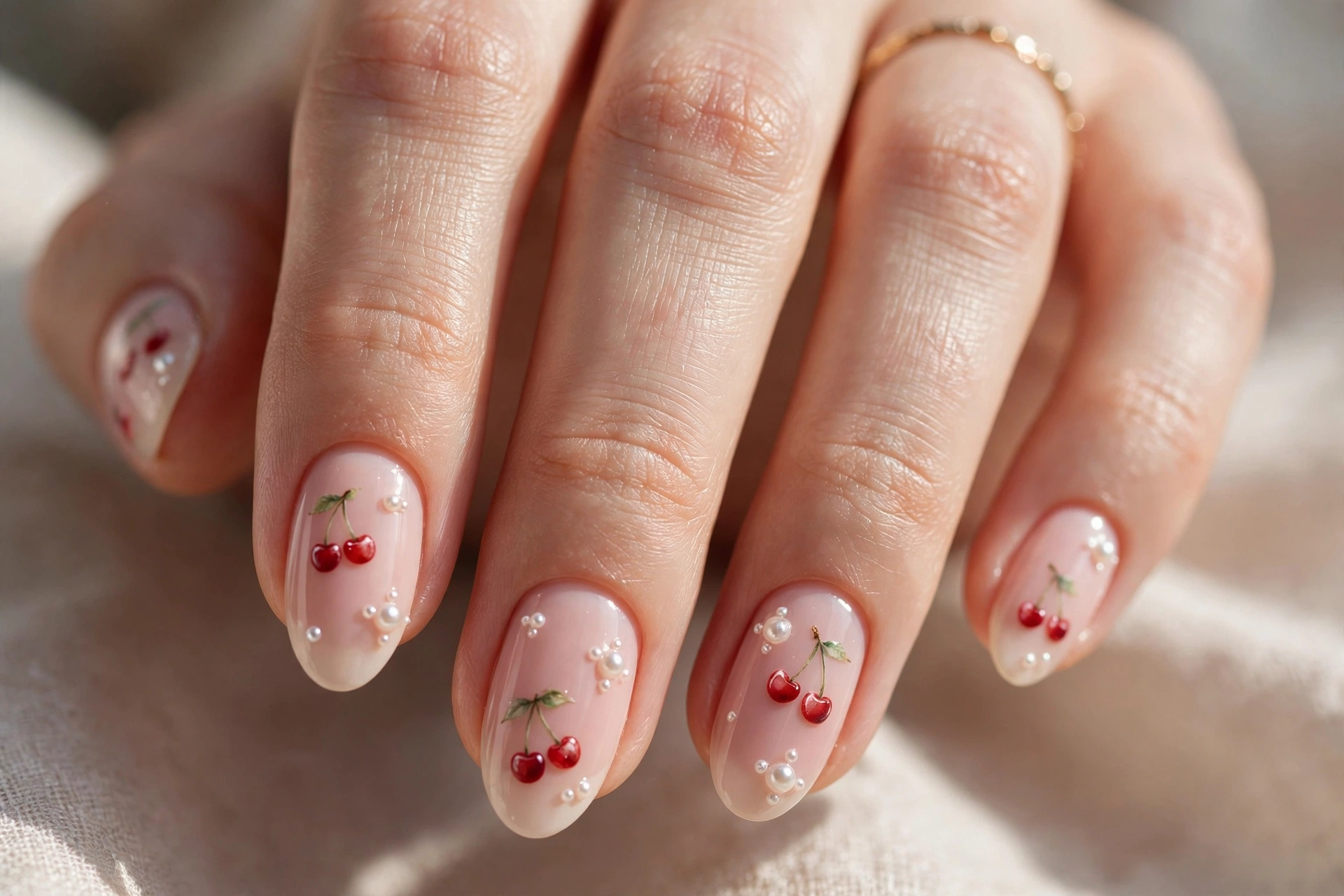 Cherries with pearl highlights on blush