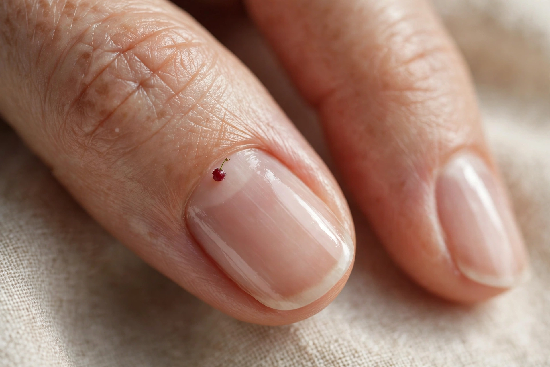 Single micro cherry on sheer natural nail