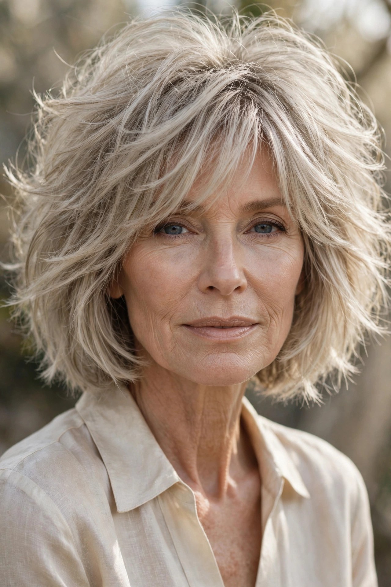 Airy ash blonde shaggy bob with separated layers