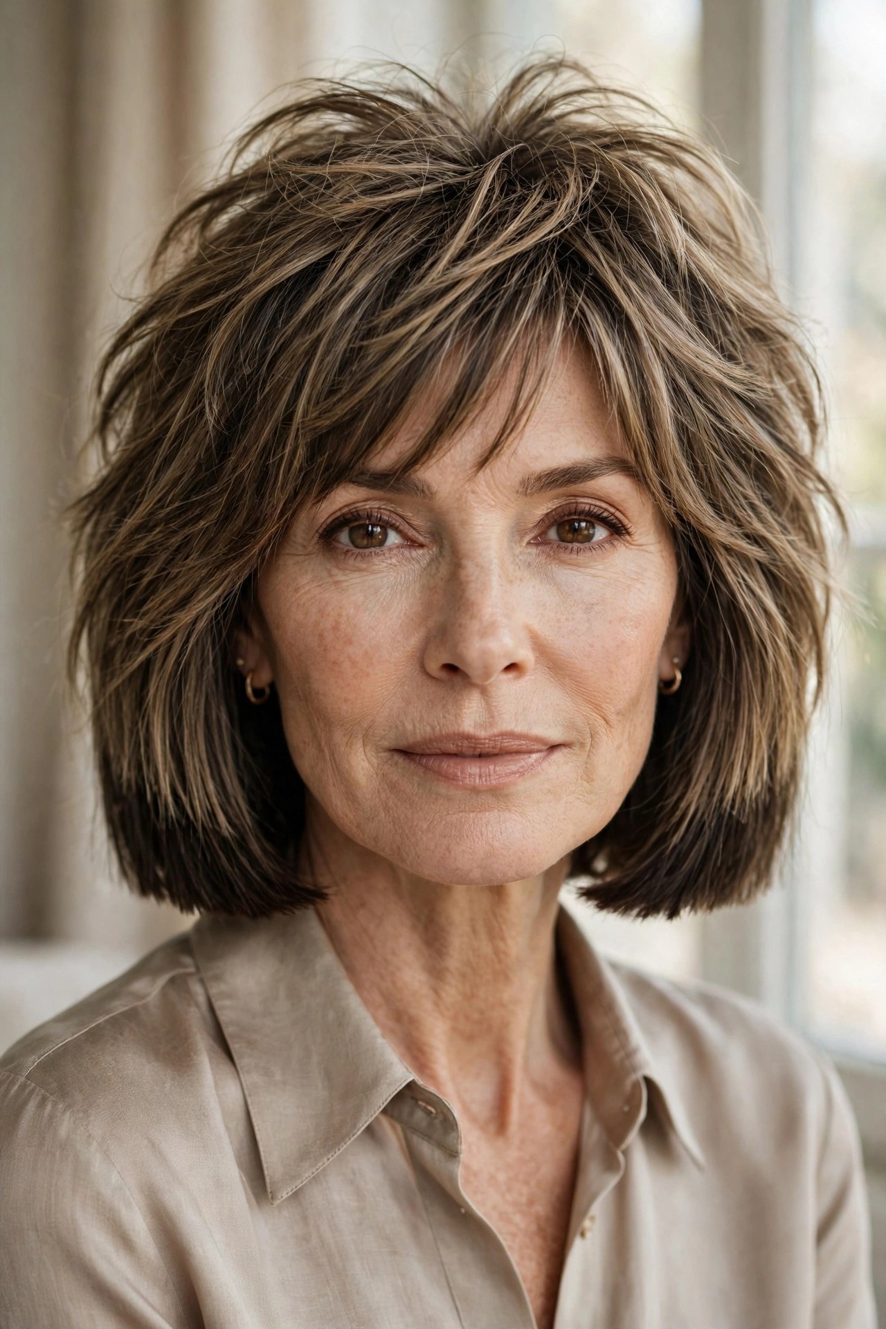 Dark blonde shaggy bob with textured crown and blunt perimeter